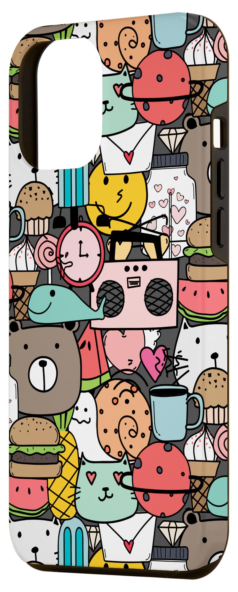 iPhone 12 Pro Max Case - Trippy Doodle Cartoon Design with Snail, Burger & Hearts - Trendy Protective Cover for Everyday Use, Work & Travel