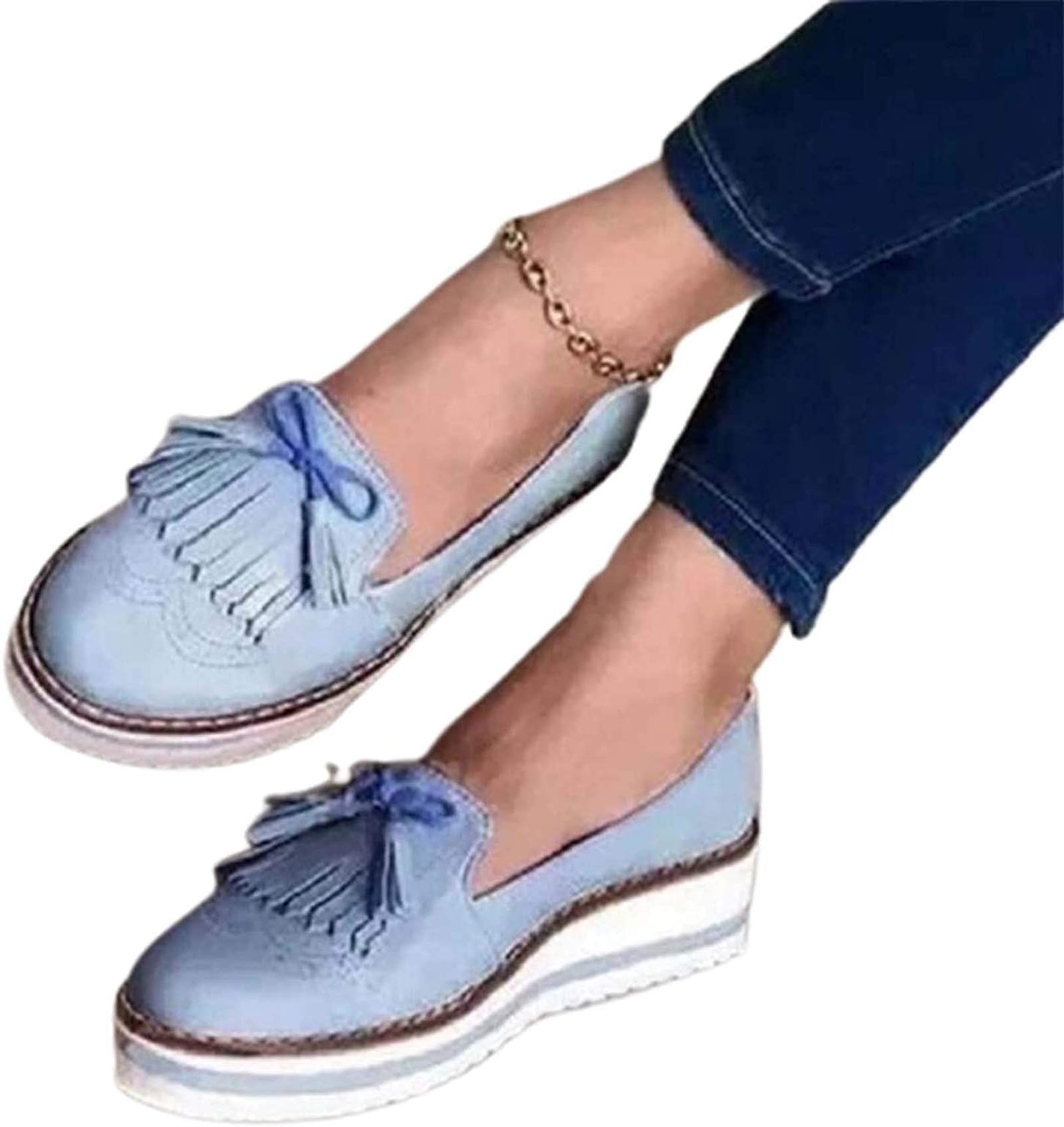 Women's Leather Wedge Platform Sandals with Tassel - Closed Toe Retro Round Toe Flat Shoes - Comfortable & Fashionable for Summer, Beach, Party & Casual Wear - Blue, Size 41