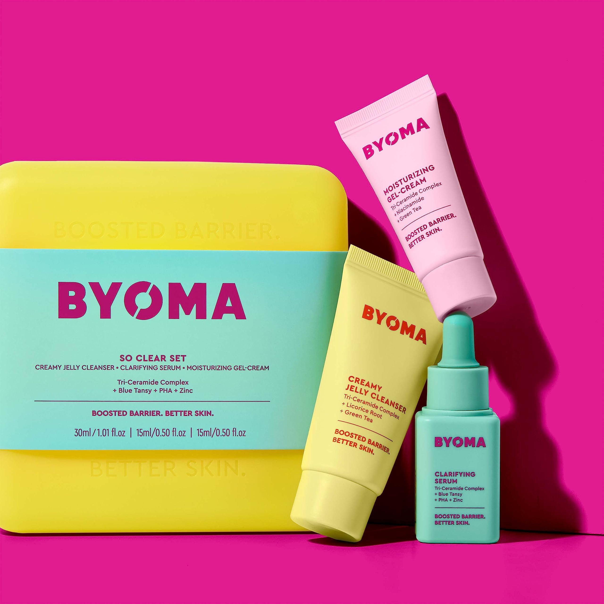 BYOMA So Clear Set - Acne Treatment Skincare Kit with Barrier Repair - Creamy Jelly Cleanser, Clarifying Serum & Gel-Cream Moisturizer for Clear Skin - Unclogs Pores, Reduces Blemishes (30ml+15ml+15ml) - Perfect for Daily Acne-Prone Skin Care Routine & Travel Skincare Essentials