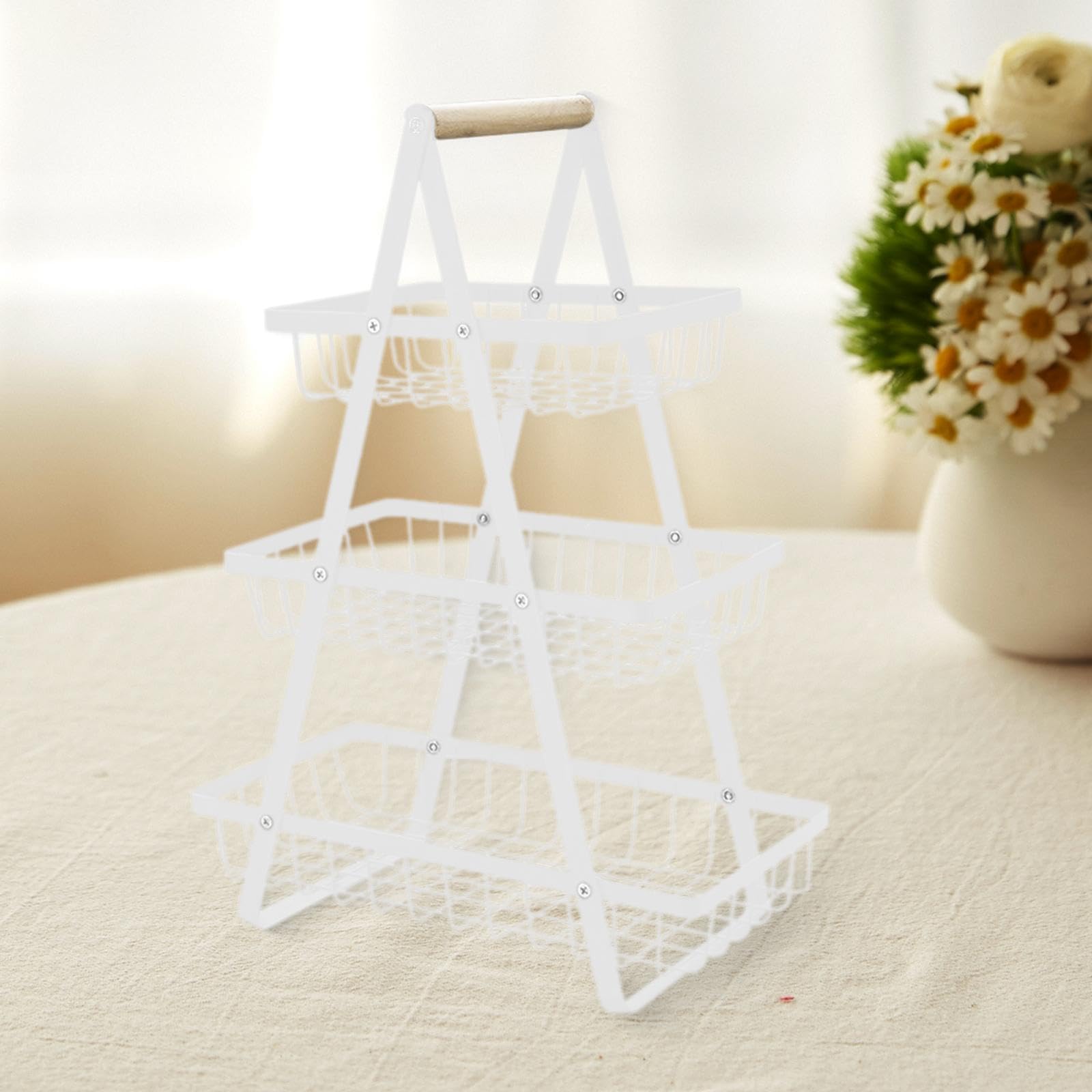 3-Tier White Iron Fruit Basket - Rustic Table Decor for Kitchen & Restaurant | Durable Fruit & Veggie Holder for Dining, Buffet, and Home Decor
