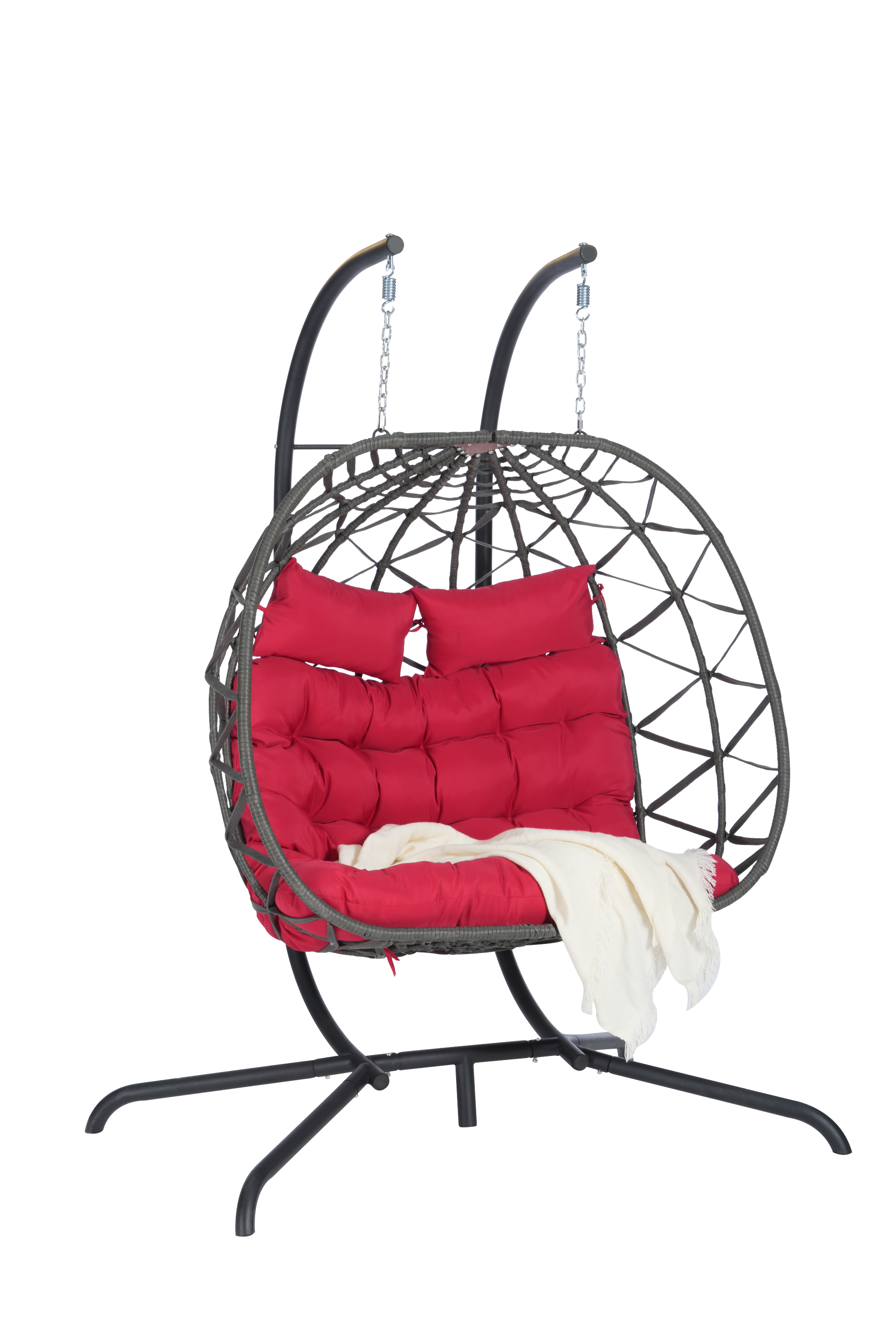 Double Egg Chair with Stand - Indoor/Outdoor Wicker Rattan Swing Chair with UV-Resistant Cushions (600 lbs Capacity) - Perfect for Bedroom, Balcony, Patio, Garden & Backyard Relaxation