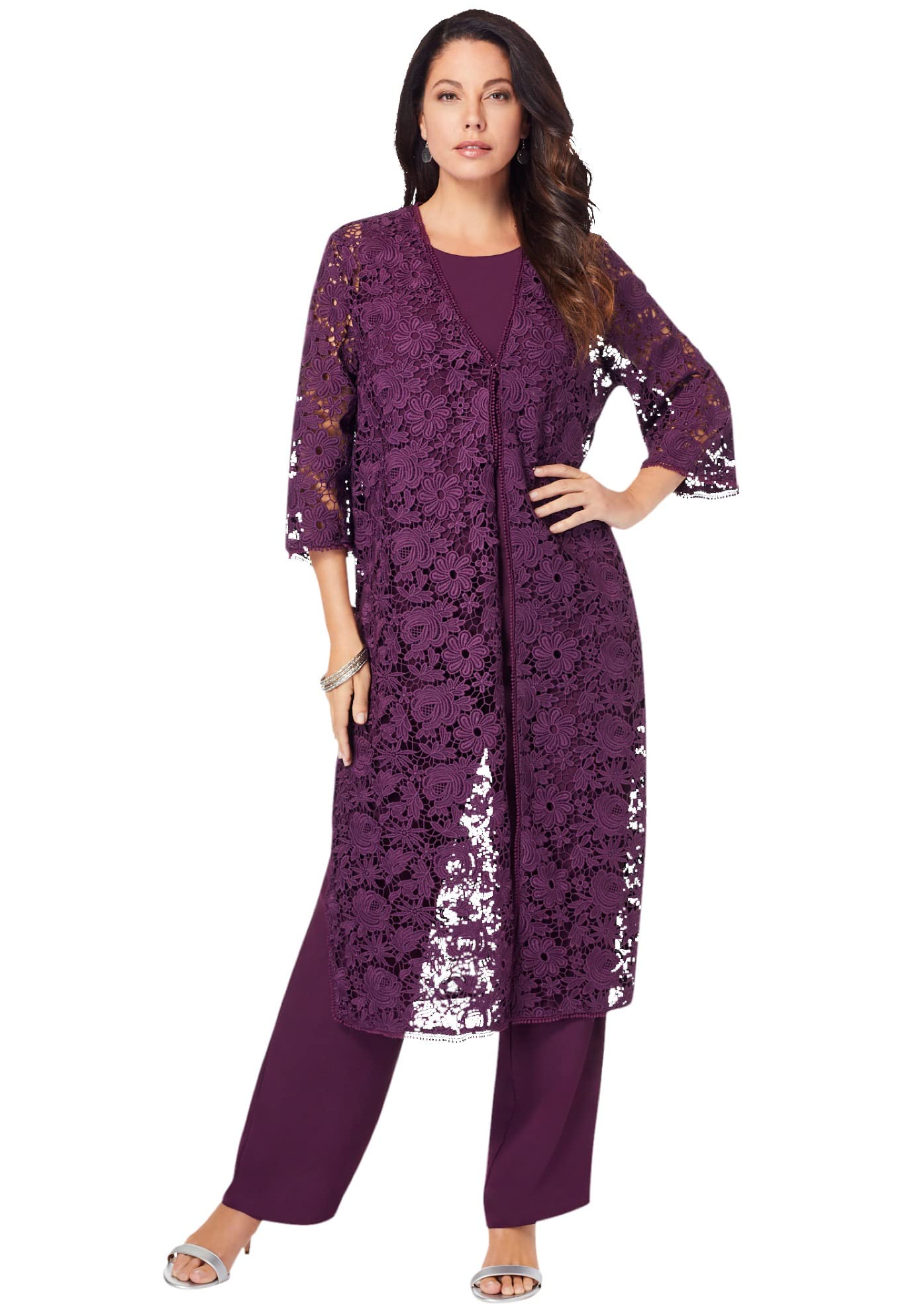 Romantic Plus Size Women's 3-Piece Lace Duster & Pant Suit Set for Formal Evening Wear | Mother of The Bride Outfit | Wedding Guest, Cocktail Party & Special Occasion Attire