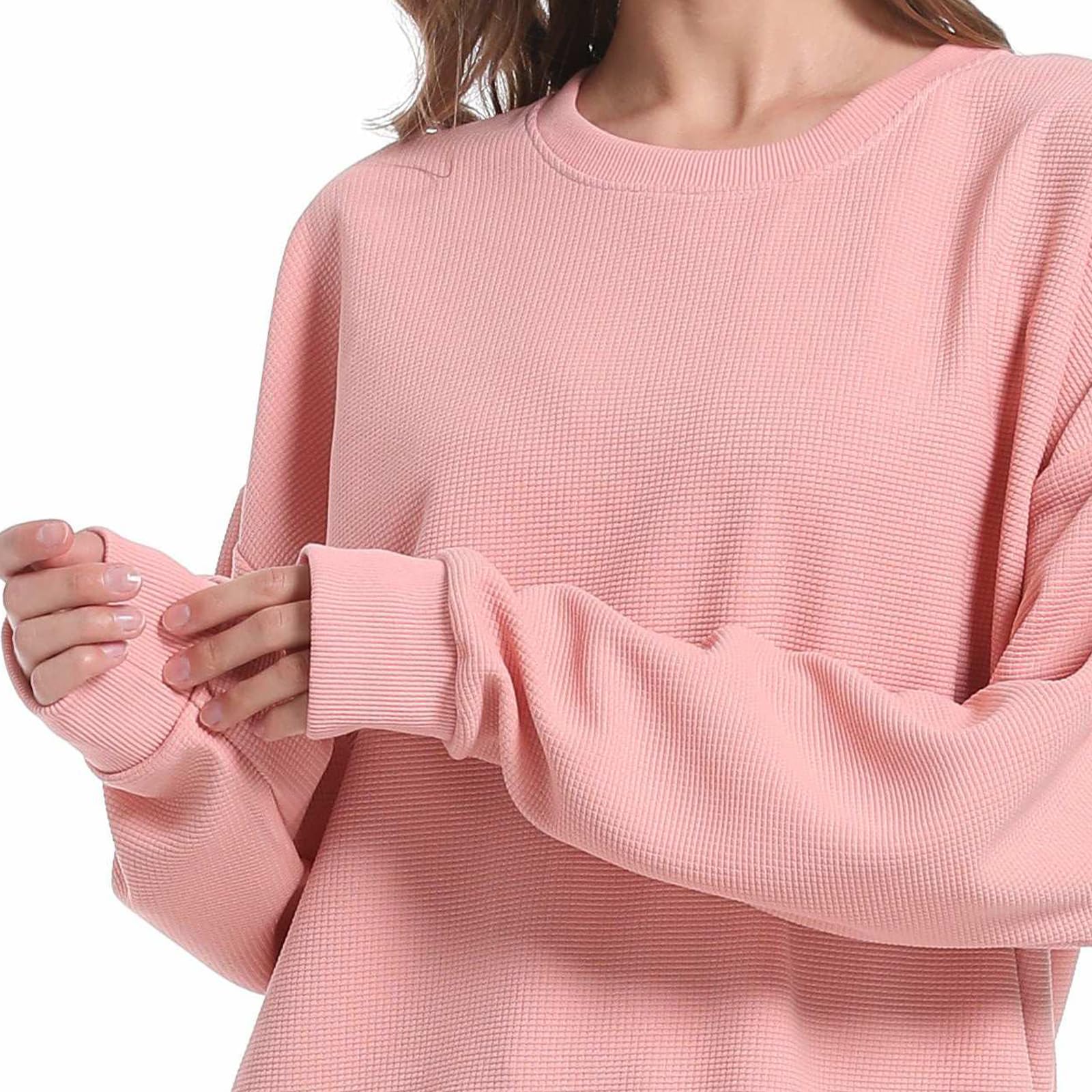 Women's Waffle Knit Pullover Sweatshirt - Crew Neck Long Sleeve Loose Fit Casual Top - Soft Lightweight Comfortable (S-XXL) for Fall Layering, Lounge Wear & Everyday Outfits
