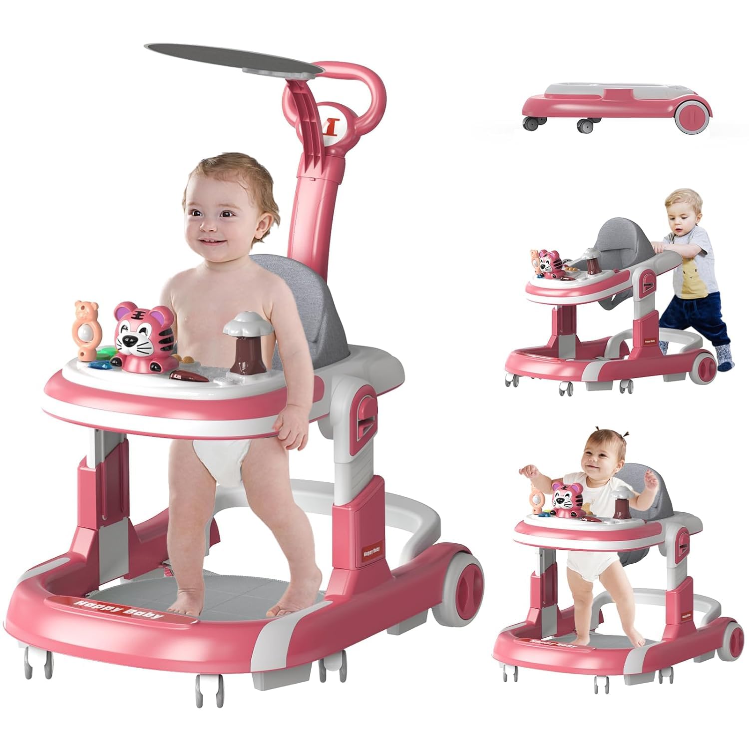 Premium Baby Walker with Wheels & Activity Center - Foldable Infant Toddler Walker for Boys & Girls 6-18 Months | Adjustable Height, Foot Pads & Toys | Perfect for Learning to Walk & Indoor Playtime (Pink)