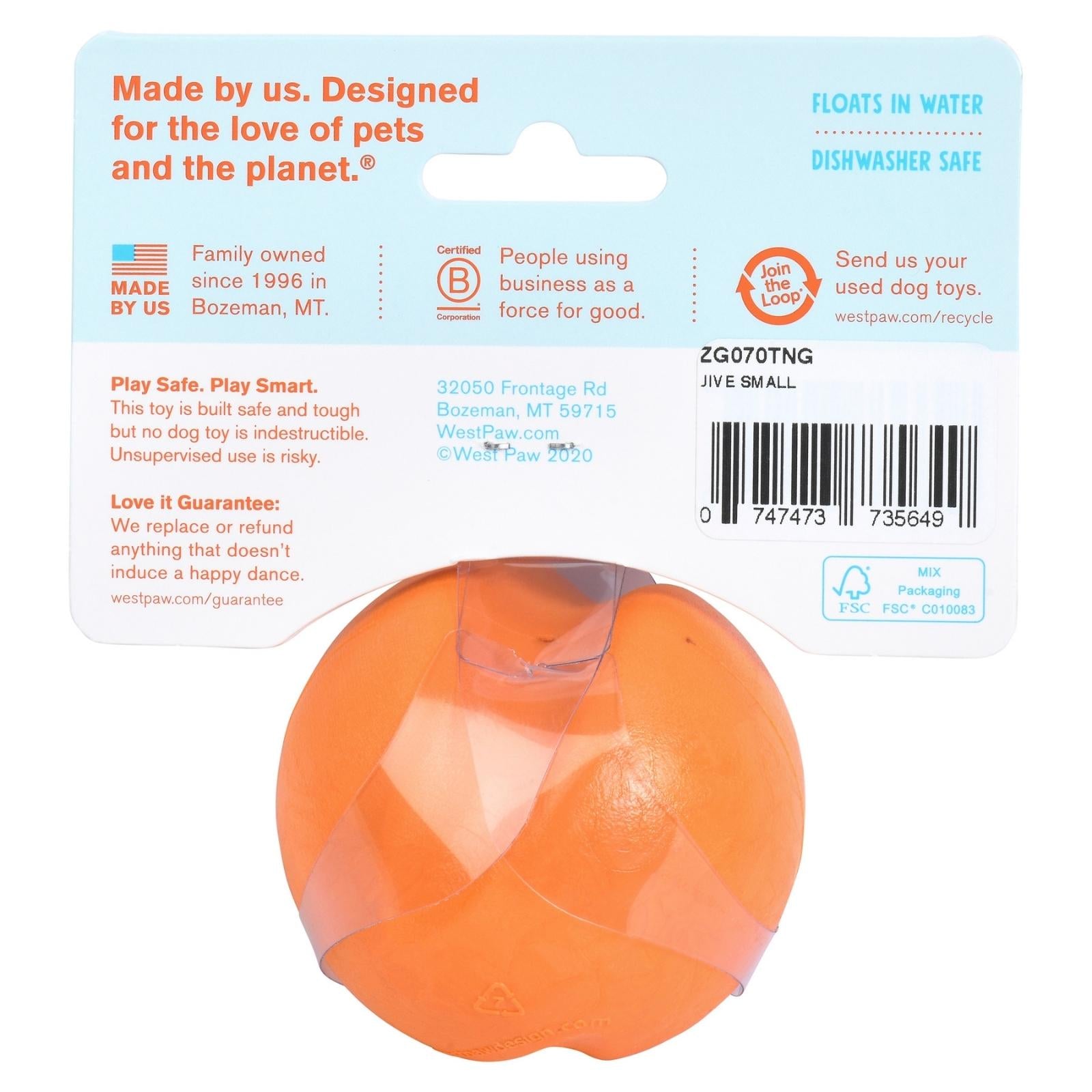 West Paw® JIVE Dog Toy Ball - Durable & Bouncy Orange Fetch Ball for Dogs - Perfect for Outdoor Play, Training & Chewing Fun