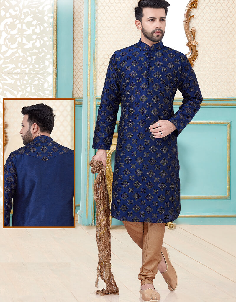 Elegant Blue Kurta Dupion Silk with Exquisite Embroidery Work & Matching Payjama - Perfect for Festivals, Weddings & Special Occasions
