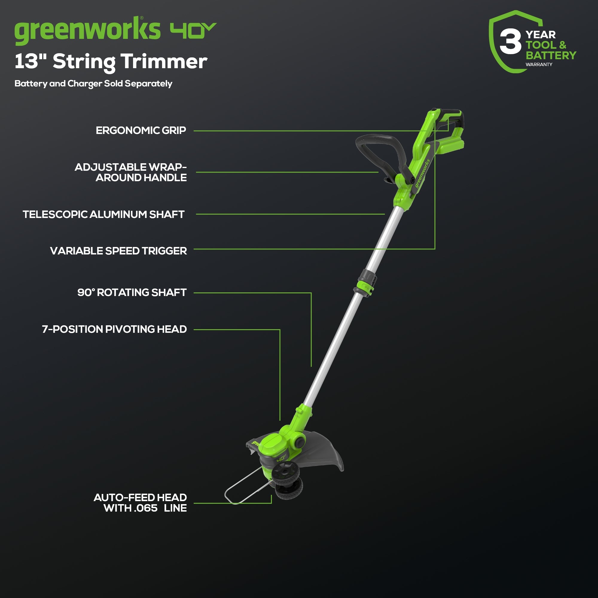 40V 13 Gen2 Cordless Battery String Trimmer & Edger (Tool Only) - Lightweight Weed Wacker for Lawn Care, Yard Maintenance & Landscaping - Perfect for Home Garden, Backyard & Professional Use