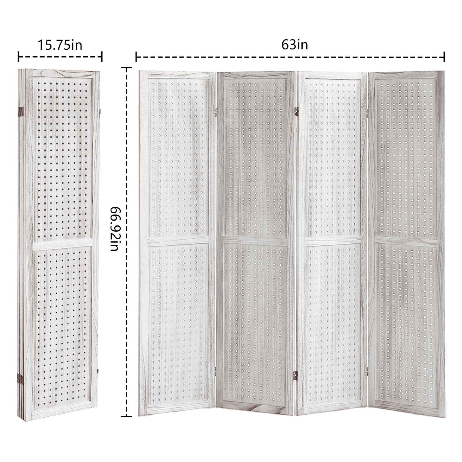 4 Panel Wooden Room Divider - 5.6Ft Folding Privacy Screen & Pegboard Display for Bedroom, Store, Jewelry Organizer | Portable Partition for Home Office, Retail Shop & Event Booth (White)
