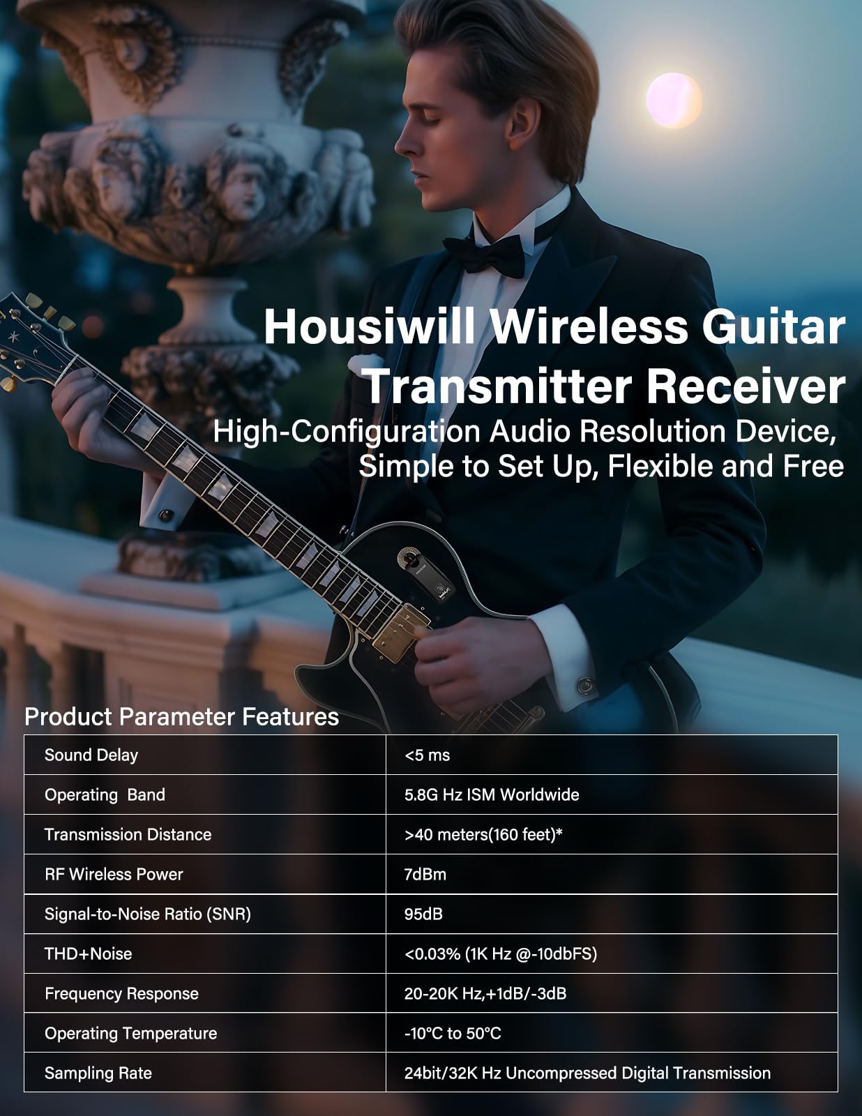 Housiwill 5.8GHz Wireless Guitar System - Rechargeable Transmitter & Receiver for Electric Guitar & Bass - Professional Audio Equipment for Live Performances & Studio Recording
