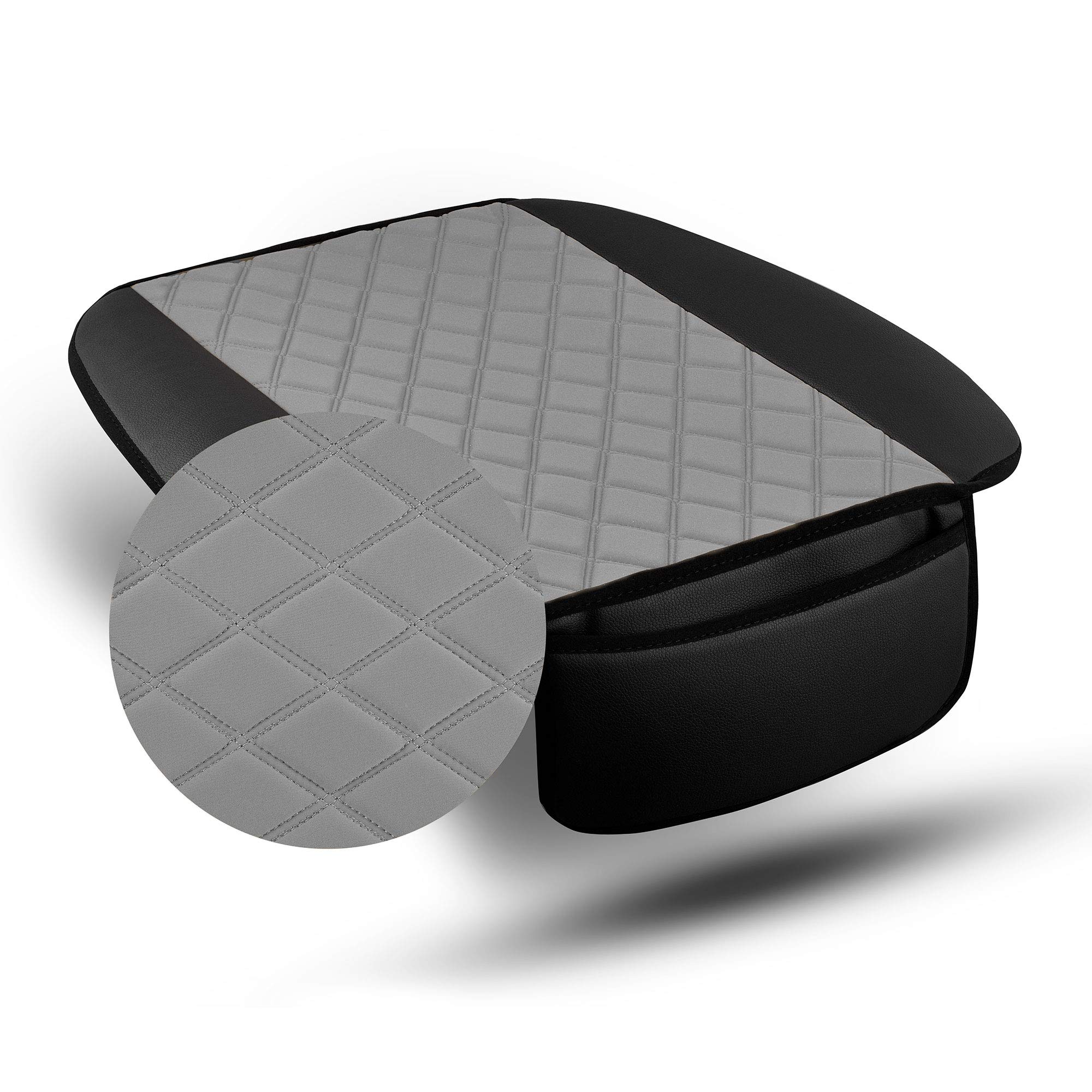 TLH Faux Leather Seat Cushion Pad with Front Pocket - Universal Fit Car Seat Protector for Cars, Trucks & SUVs, Waterproof Gray Seat Covers (2 Pack) - Comfortable for Long Drives, Road Trips & Daily Commute