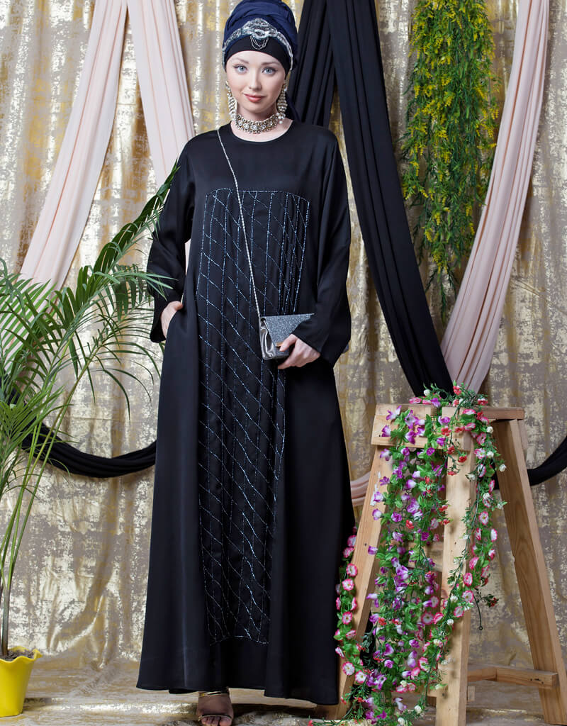 Elegant Black Arabic Diamond Motif Hand Embroidered Flare Nida Abaya - Perfect for Eid, Ramadan, Wedding & Special Occasions