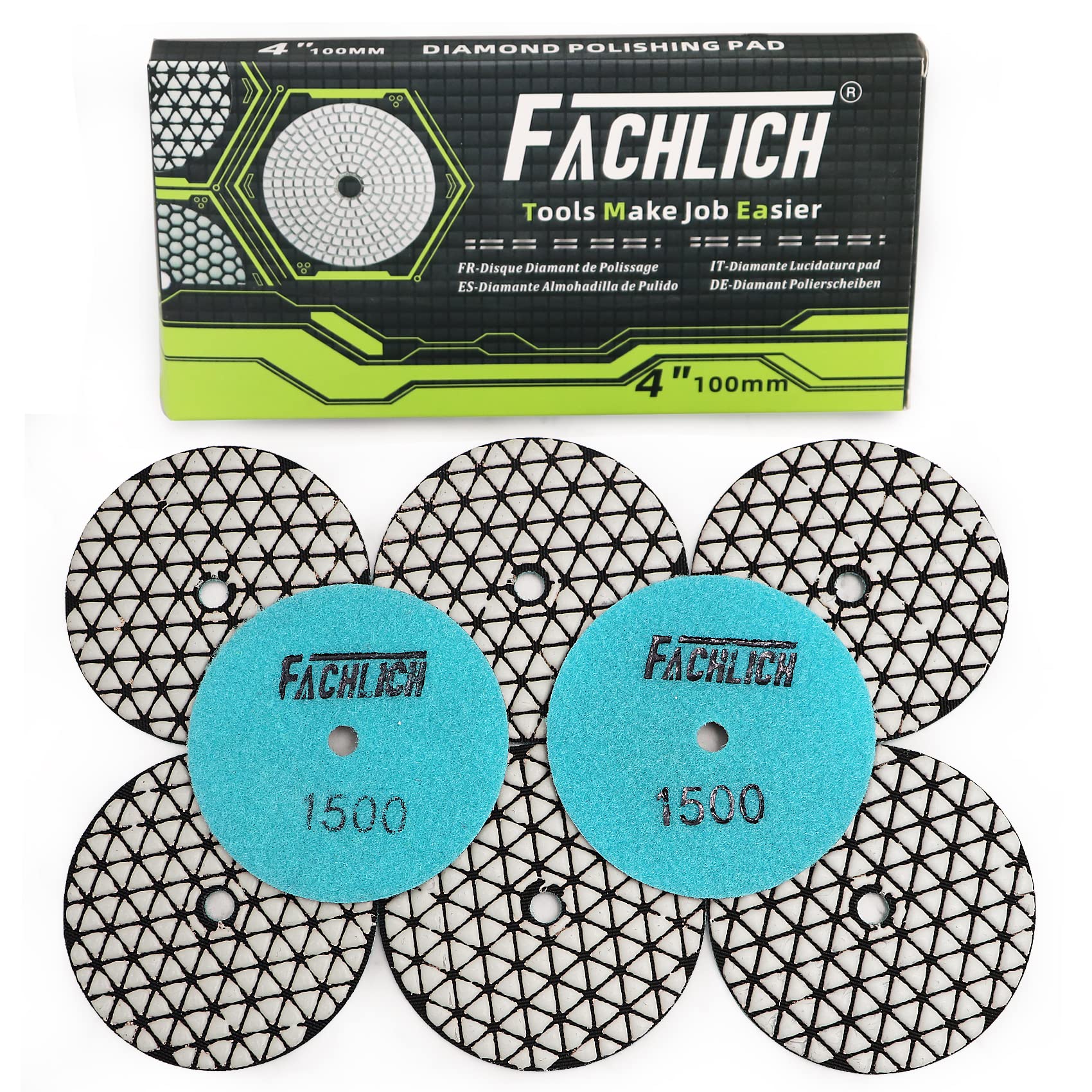 Diamond Polishing Pads 100mm/4 Inch - 8pcs 1500 Grit for Granite, Marble & Quartz Countertops - Wet/Dry Sanding & Polishing Discs for Angle Grinders - Perfect for Kitchen Countertop Restoration & Stone Surface Refinishing