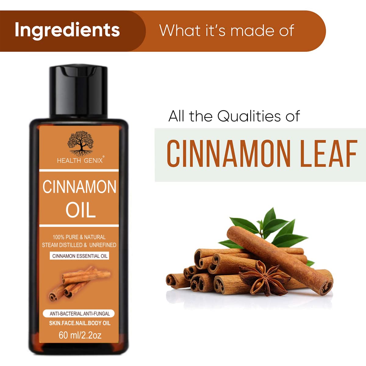 Healthgenix | 2-Pack Clove & Cinnamon Essential Oil Set - 60ml Each | Free 60ml Rose Water | 100% Pure Therapeutic Grade for Teeth, Hair & Skin Care | Aromatherapy, Massage & DIY Beauty Recipes
