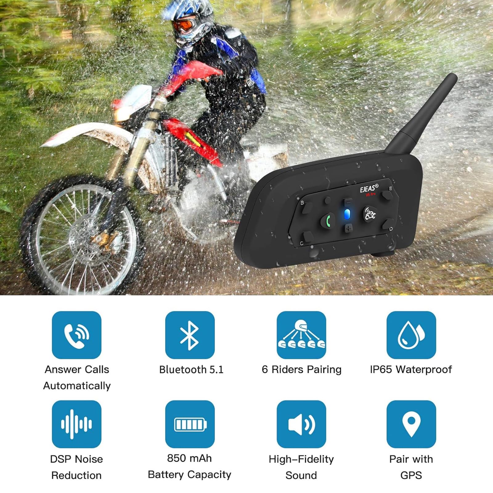 EJEAS V6 Pro Motorcycle Bluetooth Helmet Intercom - 2-Way 1200M Communication System with Noise Cancellation & Waterproof - Compatible with Dirt Bike, ATV, Snowmobile (2 Pack) - Perfect for Group Rides, Off-Road Adventures & Winter Sports