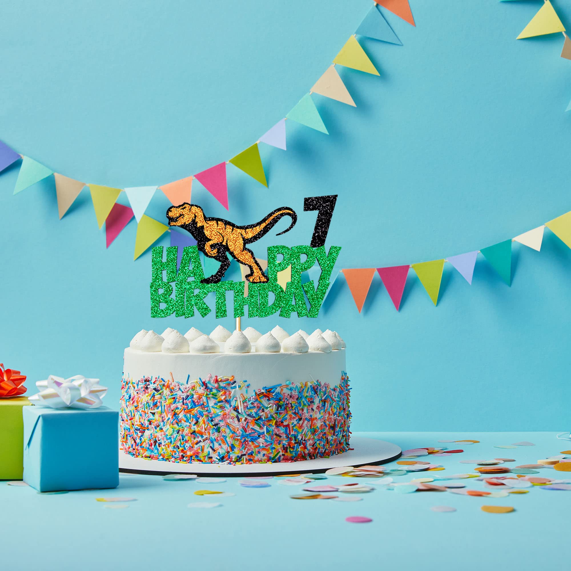 Dinosaur Cake Topper for 7th Birthday Party | T-Rex Happy Birthday Cake Decoration | Kids Birthday Party Supplies | Perfect for Dinosaur-Themed Celebrations & Cake Decorating