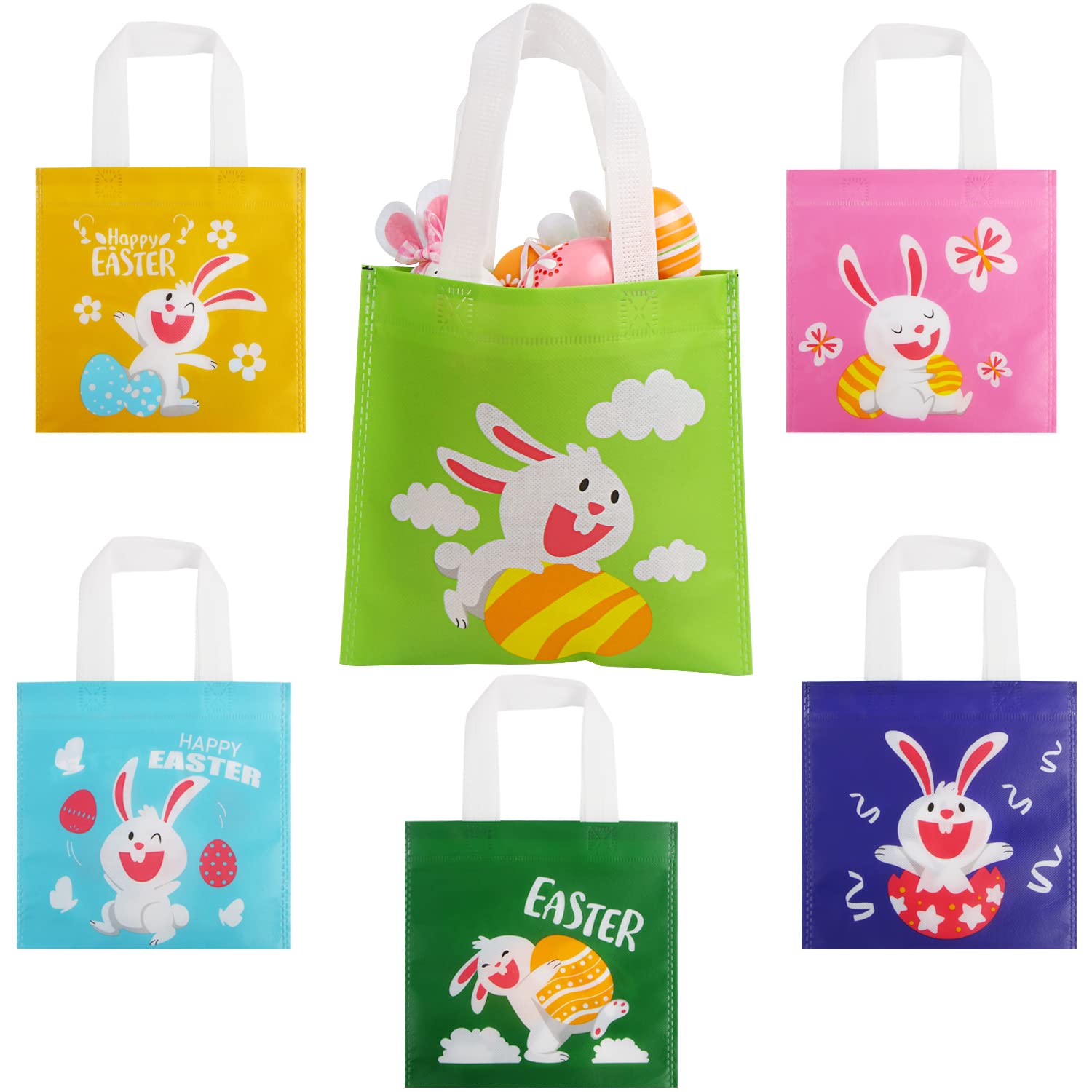 24 Pack Easter Bunny Non-Woven Tote Bags with Handles - Cute DIY Easter Gift Bags for Kids Party Favors, Egg Hunt & Spring Celebrations - Perfect for Classroom Treats, Easter Basket Stuffers & Holiday Decorations