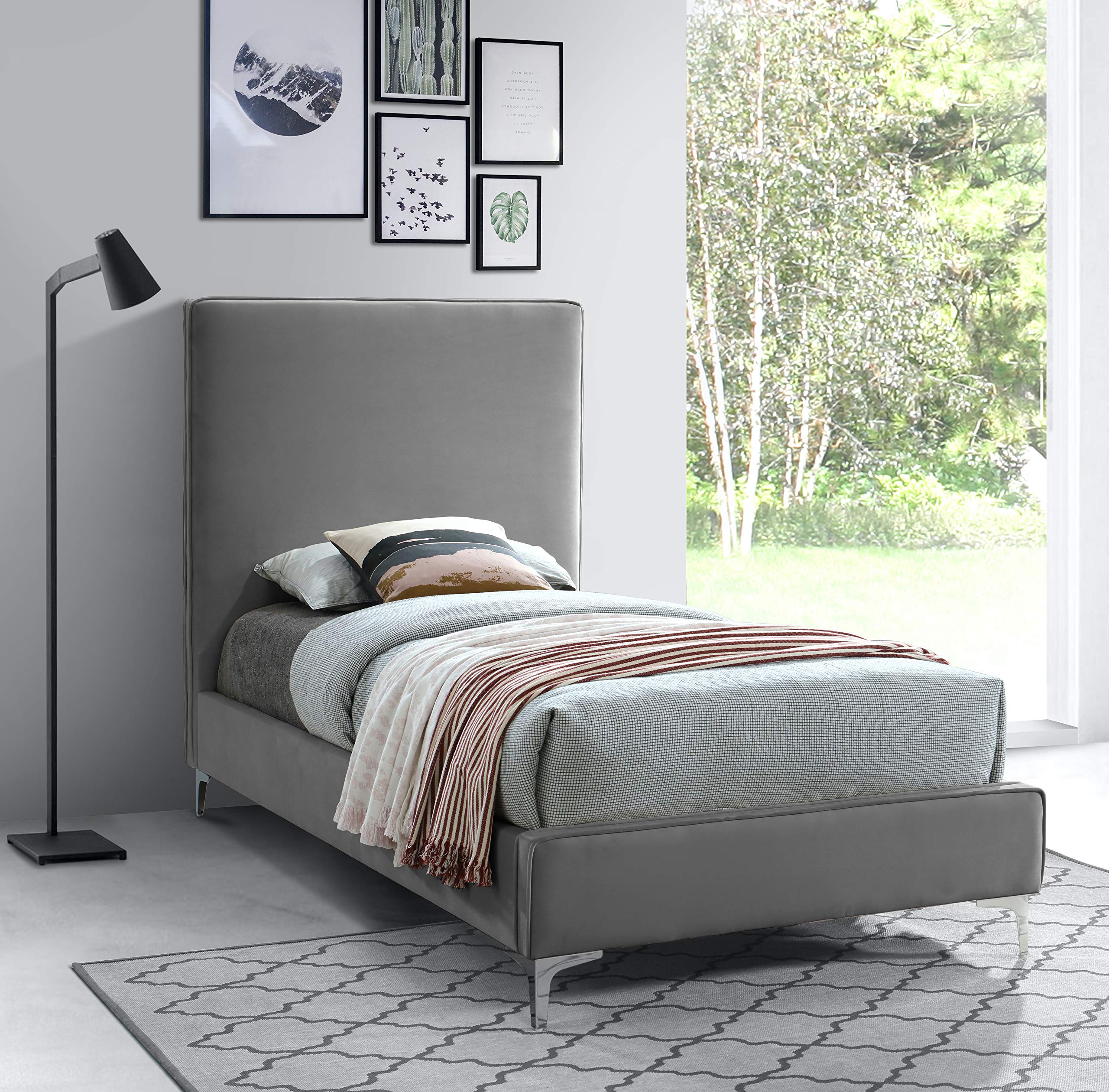 Modern Velvet Upholstered Twin Bed with Gold/Chrome Finish - Geri Collection by Meridian Furniture | Luxury Bedroom Decor for Contemporary Homes & Guest Rooms