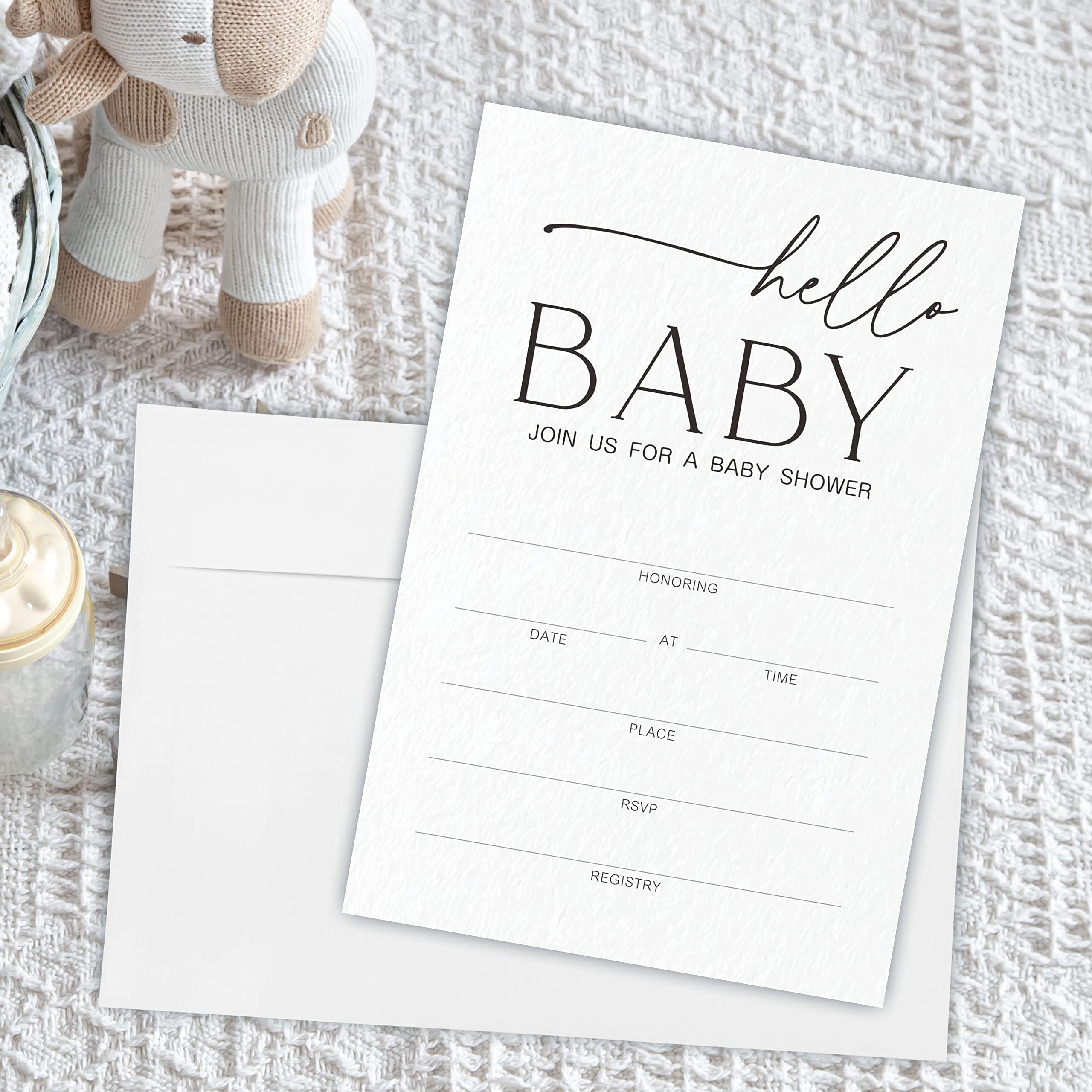 Minimalist Hello Baby Gender Reveal Invitation Cards (25 Pack) - Elegant Black & White Baby Shower Invitations with Envelopes - Perfect for Boy or Girl Baby Showers, Gender Reveal Parties & Nursery Decor - YQK-A10