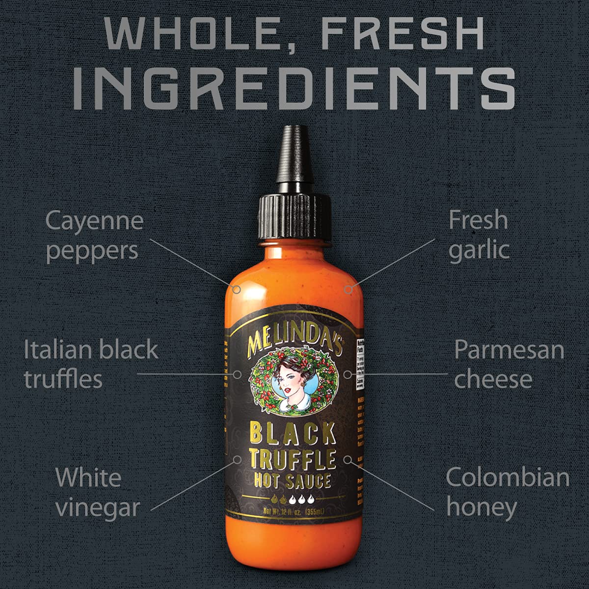 Melinda's Black Truffle Hot Sauce - Premium Gourmet Hot Sauce with Italian Black Truffles, Cayenne Peppers, Garlic & Colombian Honey - Keto Friendly, Sugar Free, Low Carb - 12 oz Bottle - Perfect for Pizza, Pasta, Steak & Charcuterie Boards