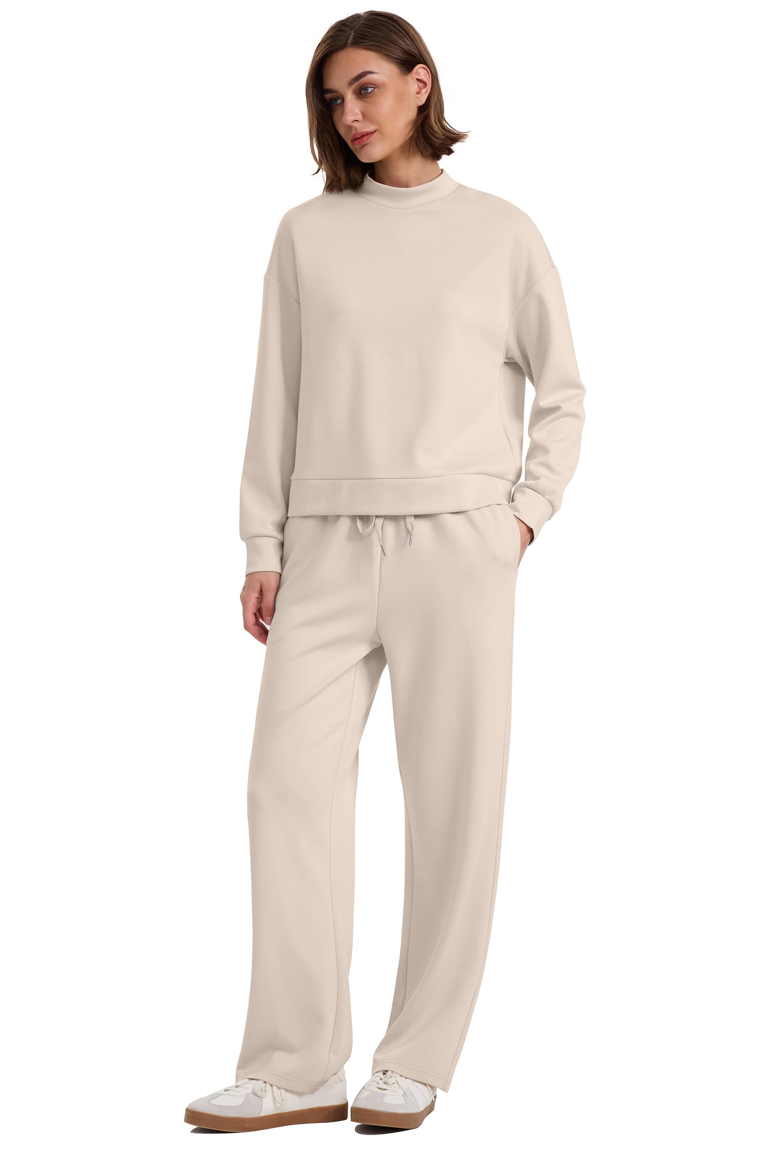WIHOLL Women's Two Piece Lounge Set - Mock Neck Top & Wide Leg Pants | Fall Outfits for Travel, Airport & Vacation | Comfortable Casual Wear for Home, Office & Outings