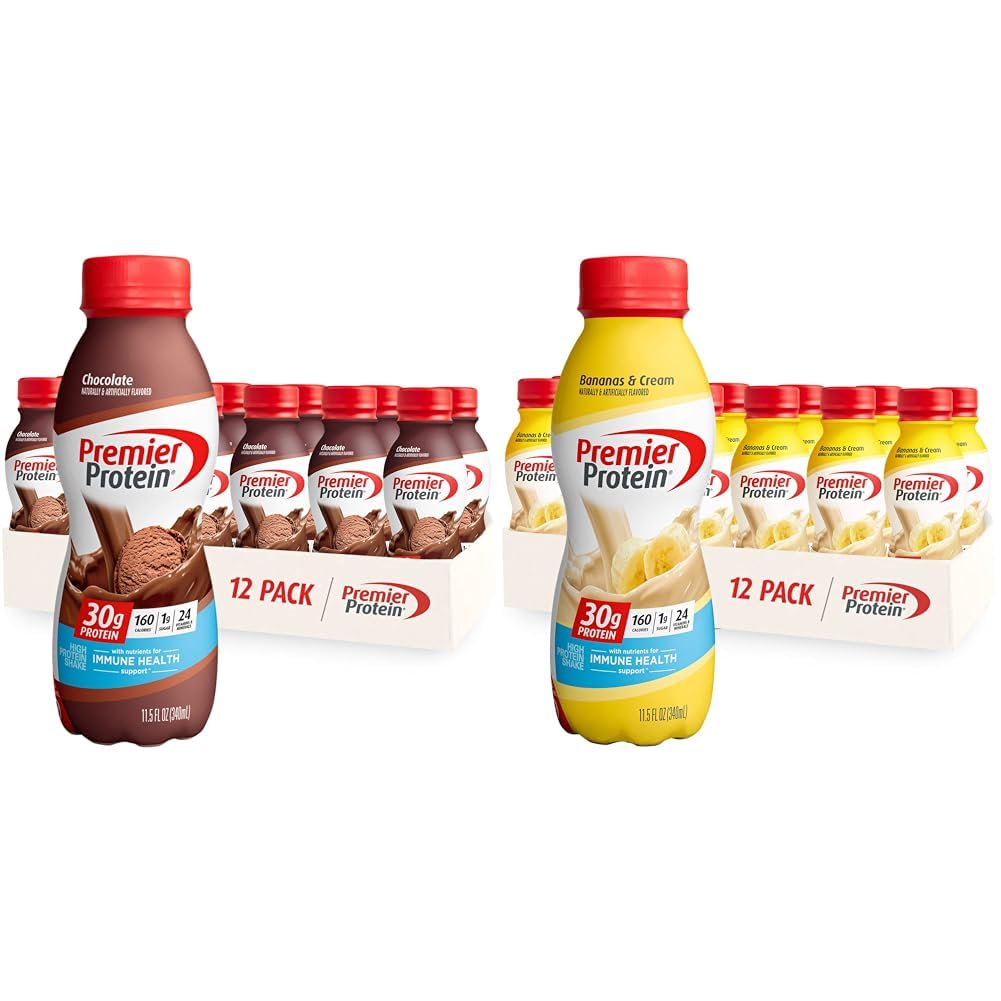Premier Protein Shake Variety Pack - Chocolate & Bananas & Cream (12 Pack Each) | 30g Protein per Shake | Post-Workout Recovery & Healthy Breakfast On-The-Go