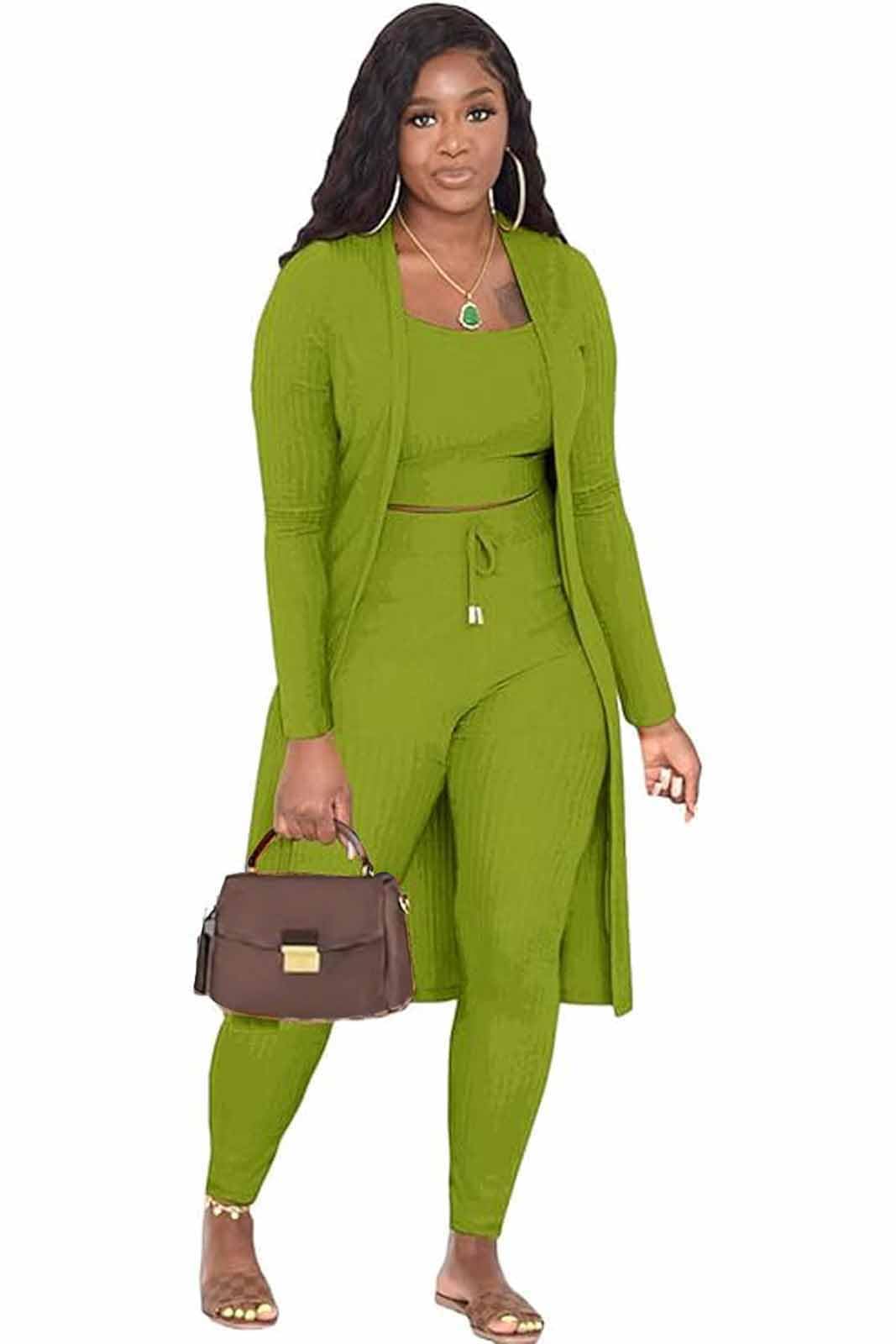 BDAILKA Women's 3 Piece Lounge Set - Soft Ribbed Long Sleeve Cardigan, Halter Top & Drawstring Pants - Comfy Casual Outfit for Home, Yoga & Relaxation
