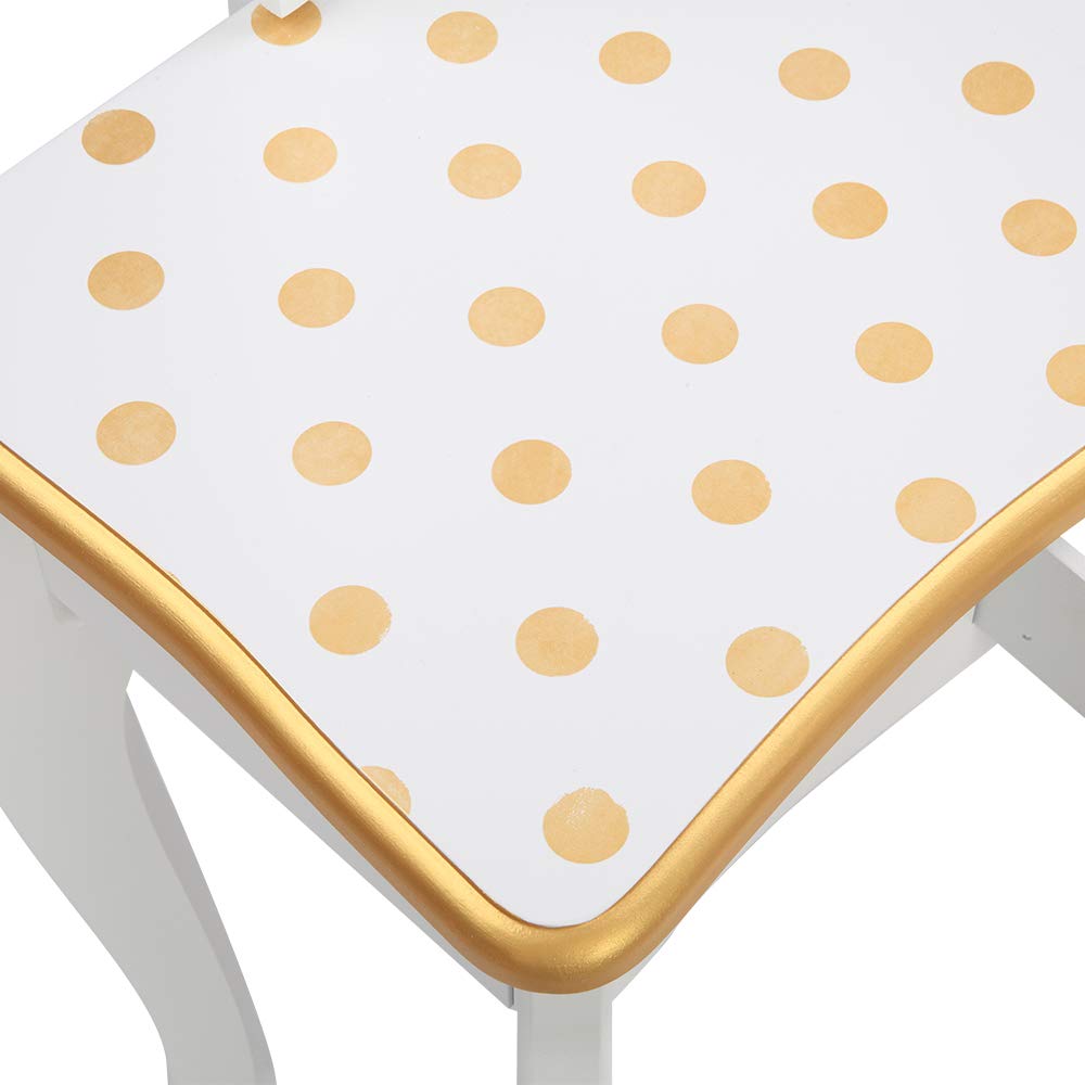 **Vanity Set for Girls - Wooden Princess Makeup Table with Cushioned Stool, Drawer & Mirror - Kids Dressing Play Set - Best Gift for Birthday & Pretend Play (Yellow Dots)**    **Use Cases:** Perfect for bedroom decor, birthday gifts, pretend play, and fostering creativity in young girls.