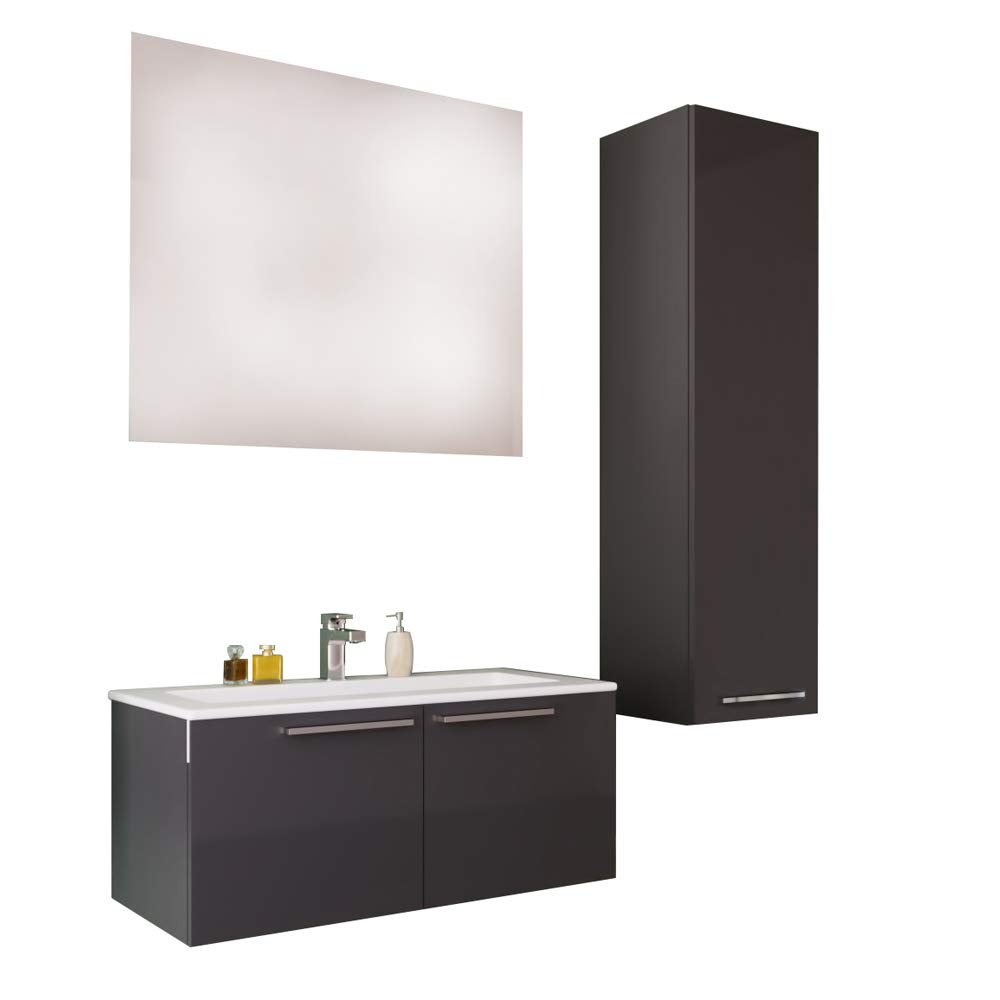 24 Inch Single Sink Bathroom Vanity with LED Mirror & Side Cabinet - Modern Floating European Wood Cabinet with Soft Closing Doors & Ceramic Sink Set | Wall Mounted Glossy Gray Vanity for Small Bathroom | Perfect for Apartments, Guest Bathrooms & Modern Home Decor