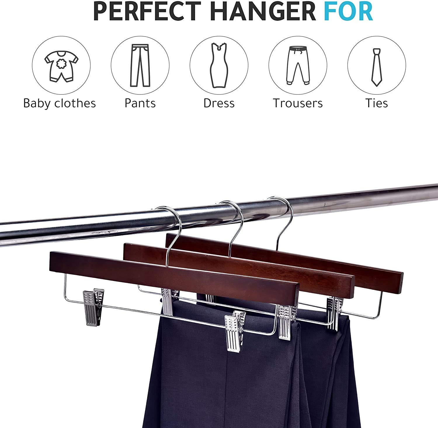 Premium 100-Pack Wooden Pants Hangers with Swivel Hooks - Adjustable Clip for Skirts, Pants, Shorts & Slacks - Durable Walnut Finish & Chrome Hooks - Space-Saving Closet Organization Solution for Home, Retail Stores & Dry Cleaners