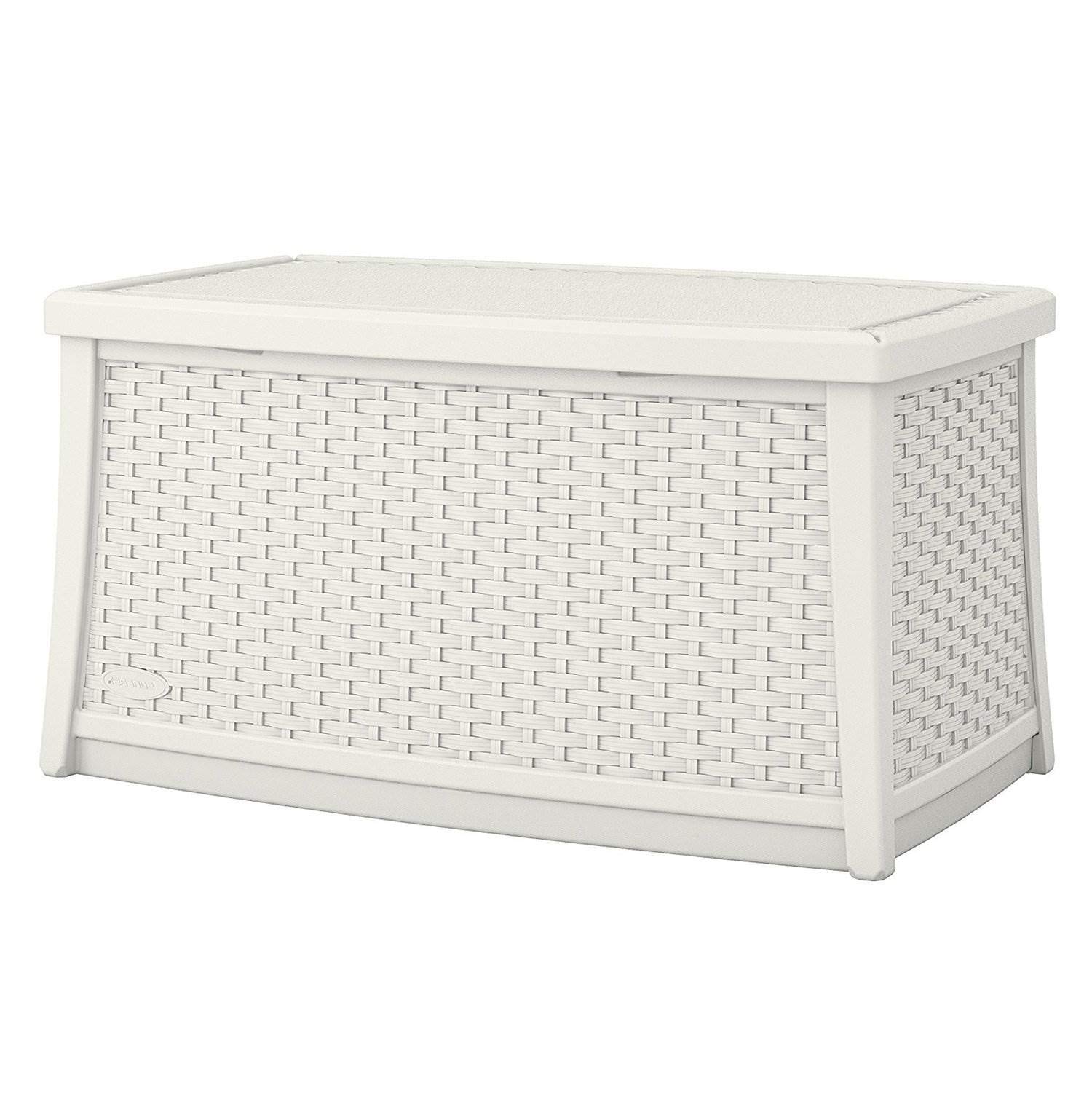 Suncast Elements 30-Gallon Resin End Table with Storage - Lightweight Outdoor Patio Coffee Table for Cushions, Gardening Tools & Toys - Perfect for Backyard, Deck & Poolside Storage - White