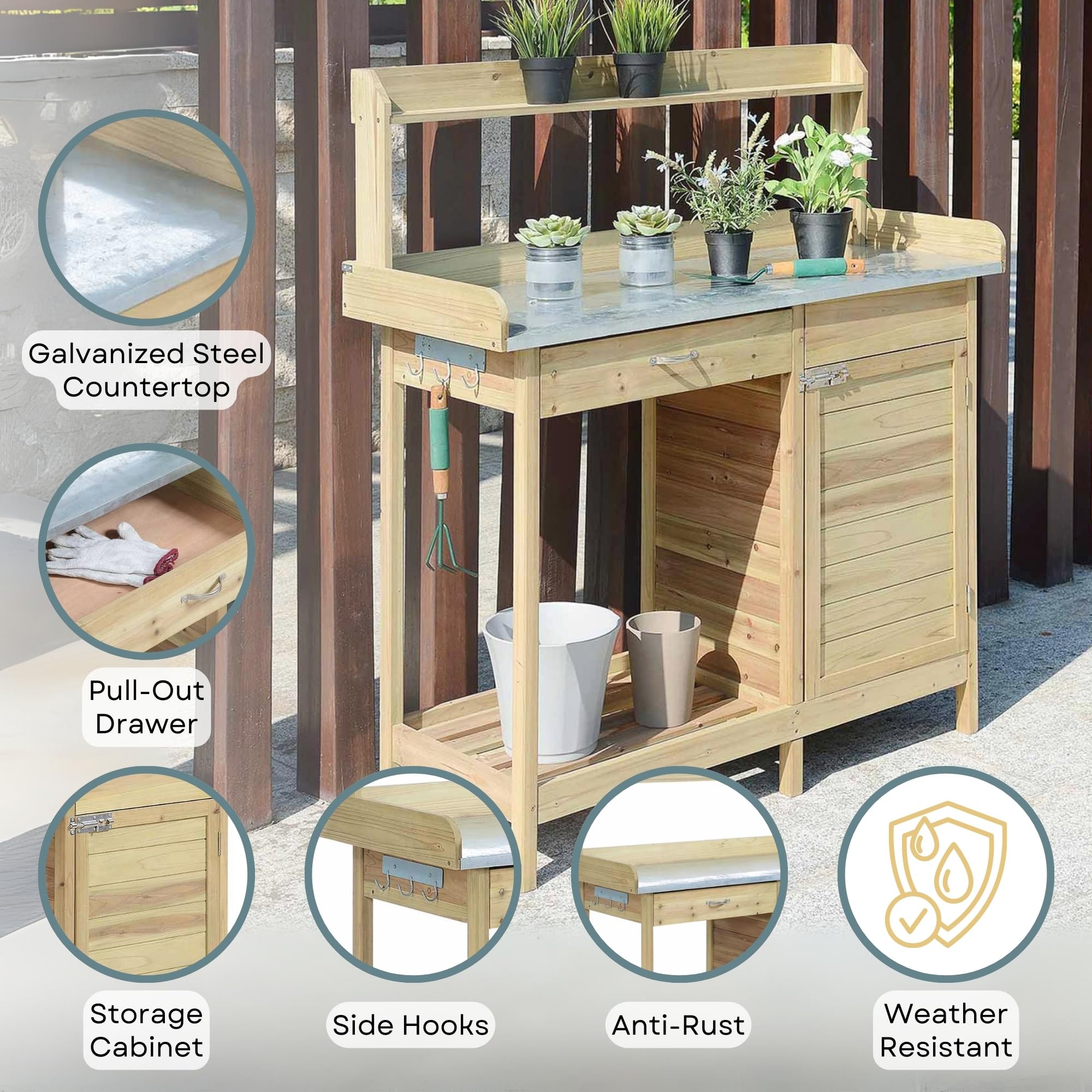 Deluxe 1 Drawer Potting Bench with Storage Cabinet & Shelves - Natural Fir Wood Garden Workstation for Planting, Gardening & Outdoor Storage