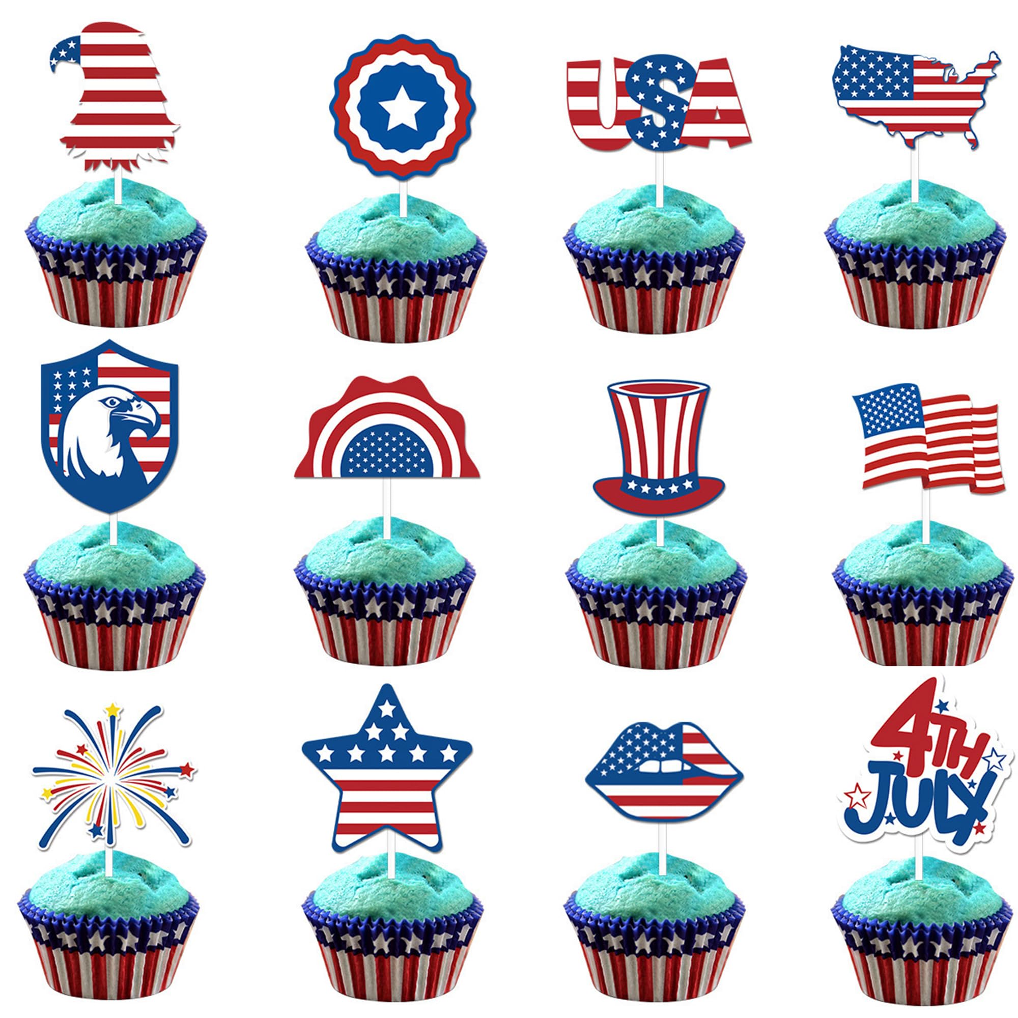 24-Piece Patriotic Cupcake Toppers for 4th of July - Red, White & Blue Independence Day Decorations | Perfect for Cupcake Decorating, Birthday Parties & Holiday Celebrations