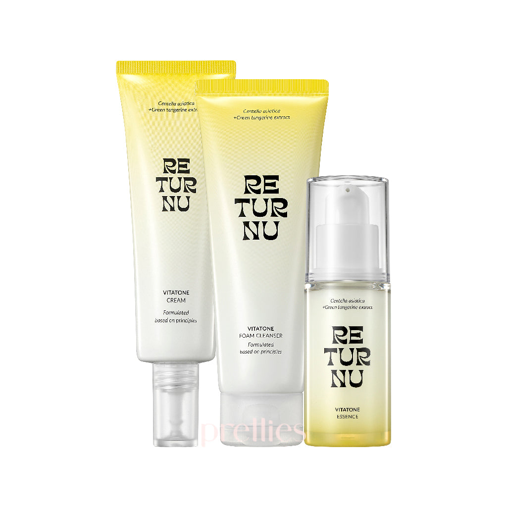 RETURNU Vitatone Foam Cleanser + Cream + Essence 3-Piece Skincare Set for Brightening & Hydration - Daily Face Care Routine for Glowing Skin