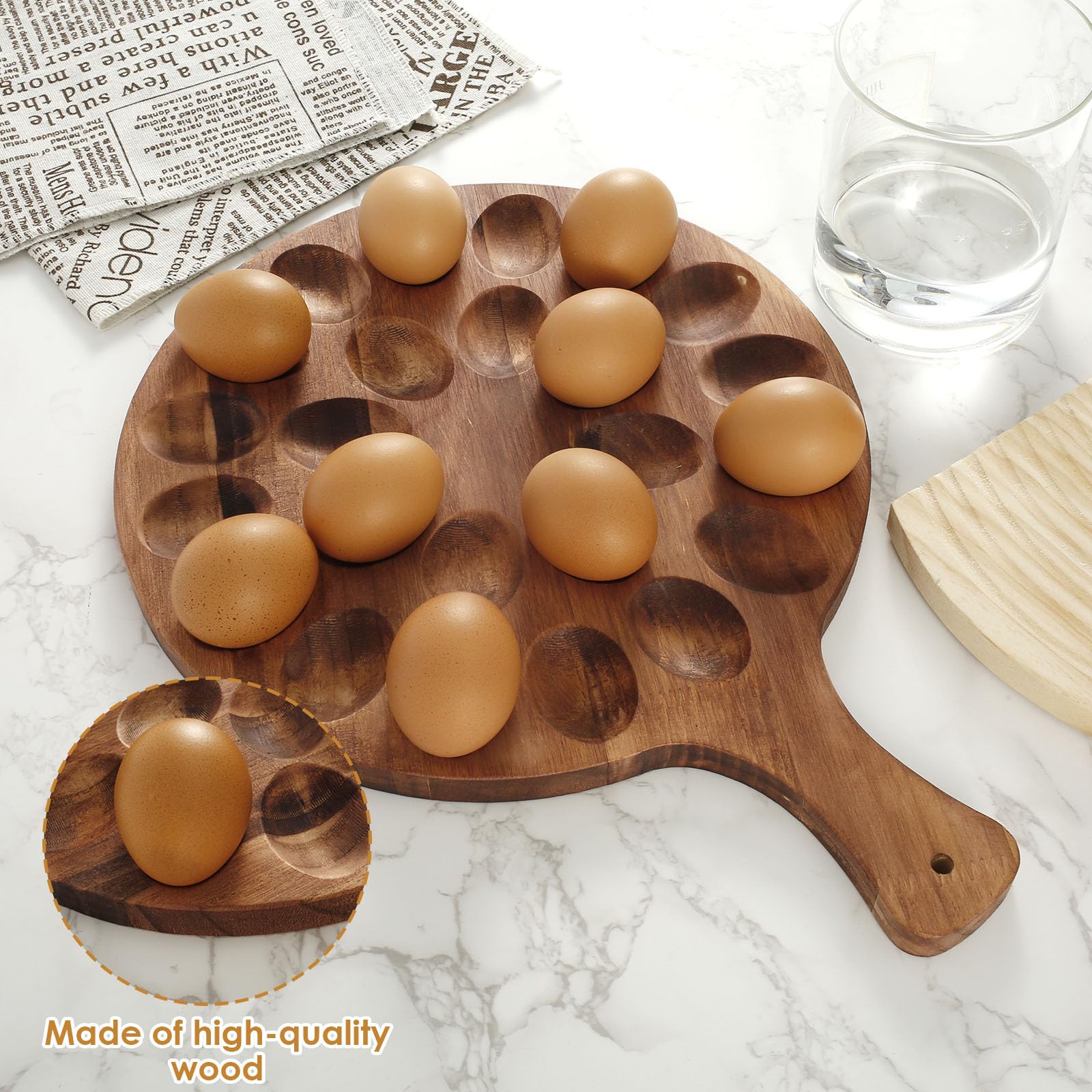 24-Slot Wooden Deviled Egg Platter Tray - 16x11.8x0.38 Inch Round Charcuterie Board with Egg Holder - Perfect for Easter Parties, Picnics & Holiday Serving (Cutting & Serving Board for Appetizers)