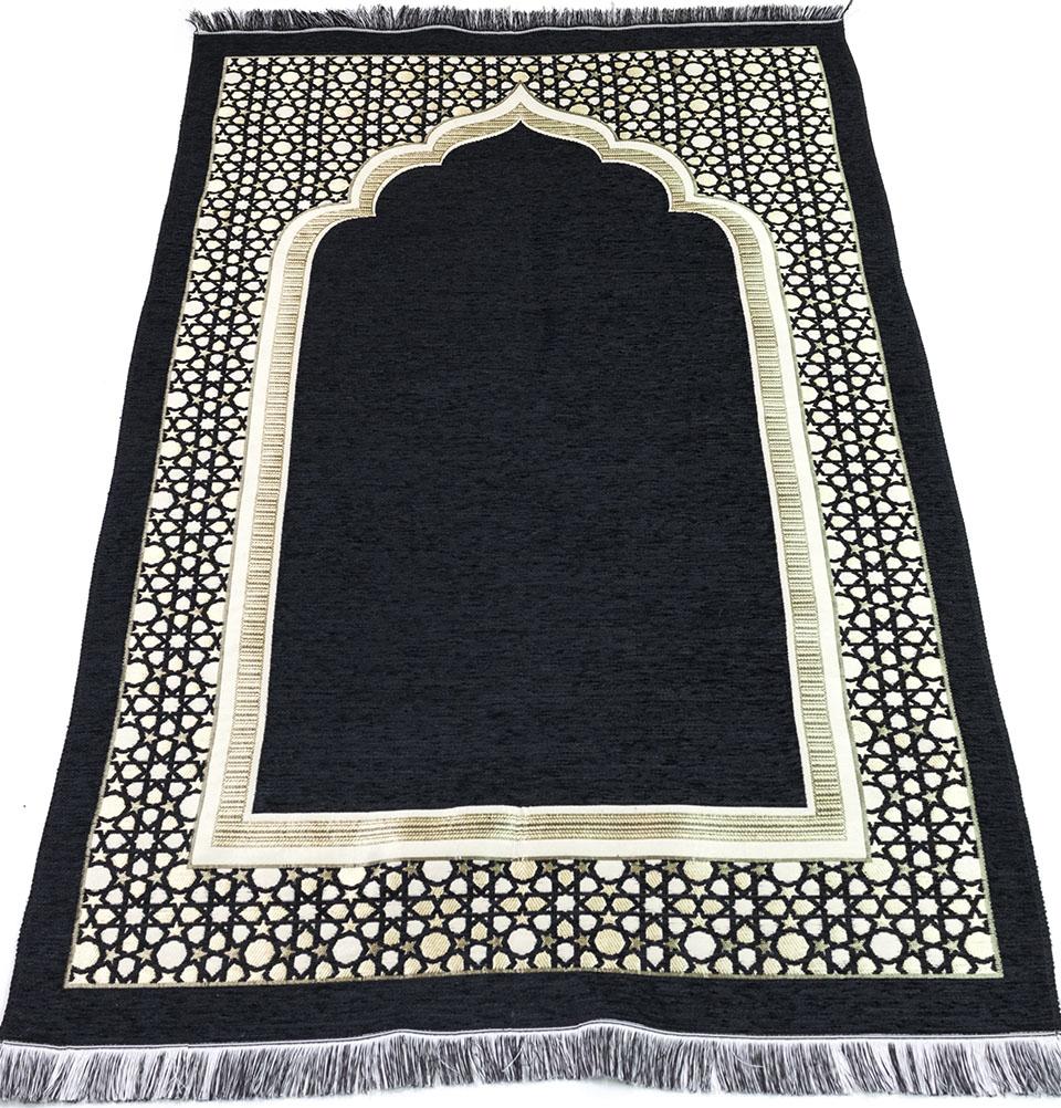 Premium Chenille Embroidered Selcuk Star Islamic Prayer Rug - Soft Black Prayer Mat for Home & Mosque - Perfect for Daily Salah, Jumu'ah & Ramadan Prayers
