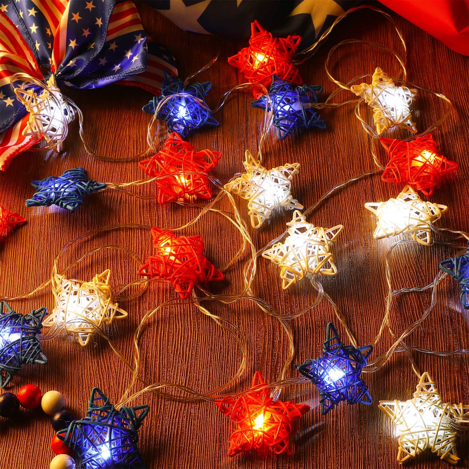 4th of July Patriotic Decorations - 19.7ft Red White and Blue LED String Lights with 3D Star Rattan Balls | Battery Operated Fairy Lights for Indoor & Outdoor | Perfect for Independence Day, Memorial Day, Backyard Parties and Patriotic Home Decor