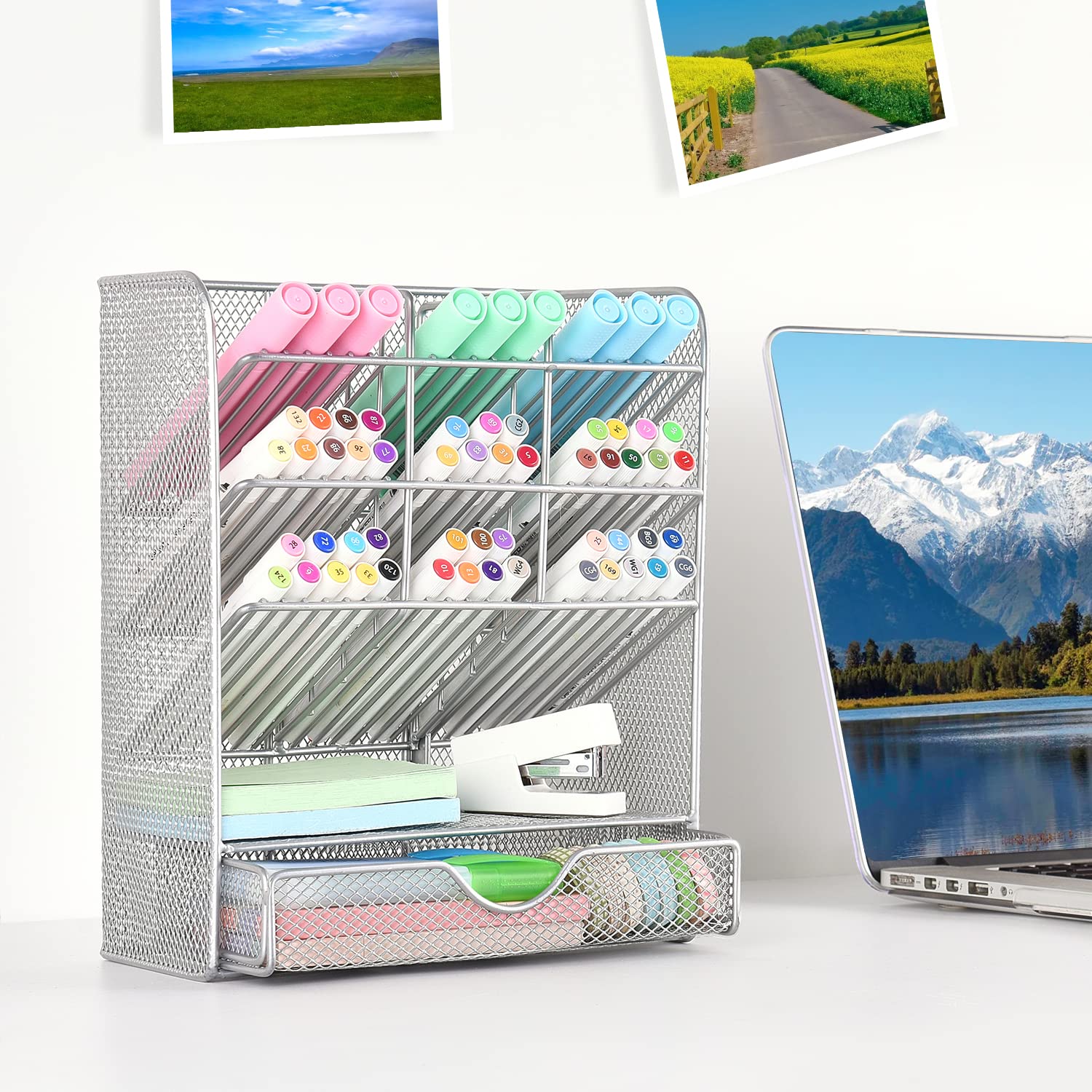Spacrea 10-Compartment Desk Organizer with Drawer - Silver Pen & Pencil Holder for Office, School, Home - Perfect for Organizing Stationery, Art Supplies, and Small Office Accessories