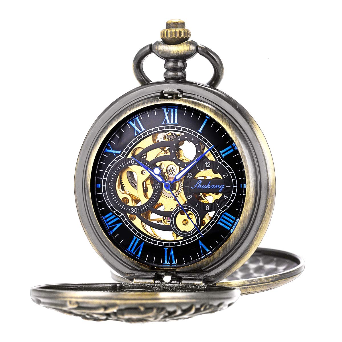 Vintage Steampunk Skeleton Pocket Watch with Roman Numerals - Mechanical Double Case Fob Watch for Men & Women - Gift for Collectors, Cosplay & Victorian Style Fashion Accessories
