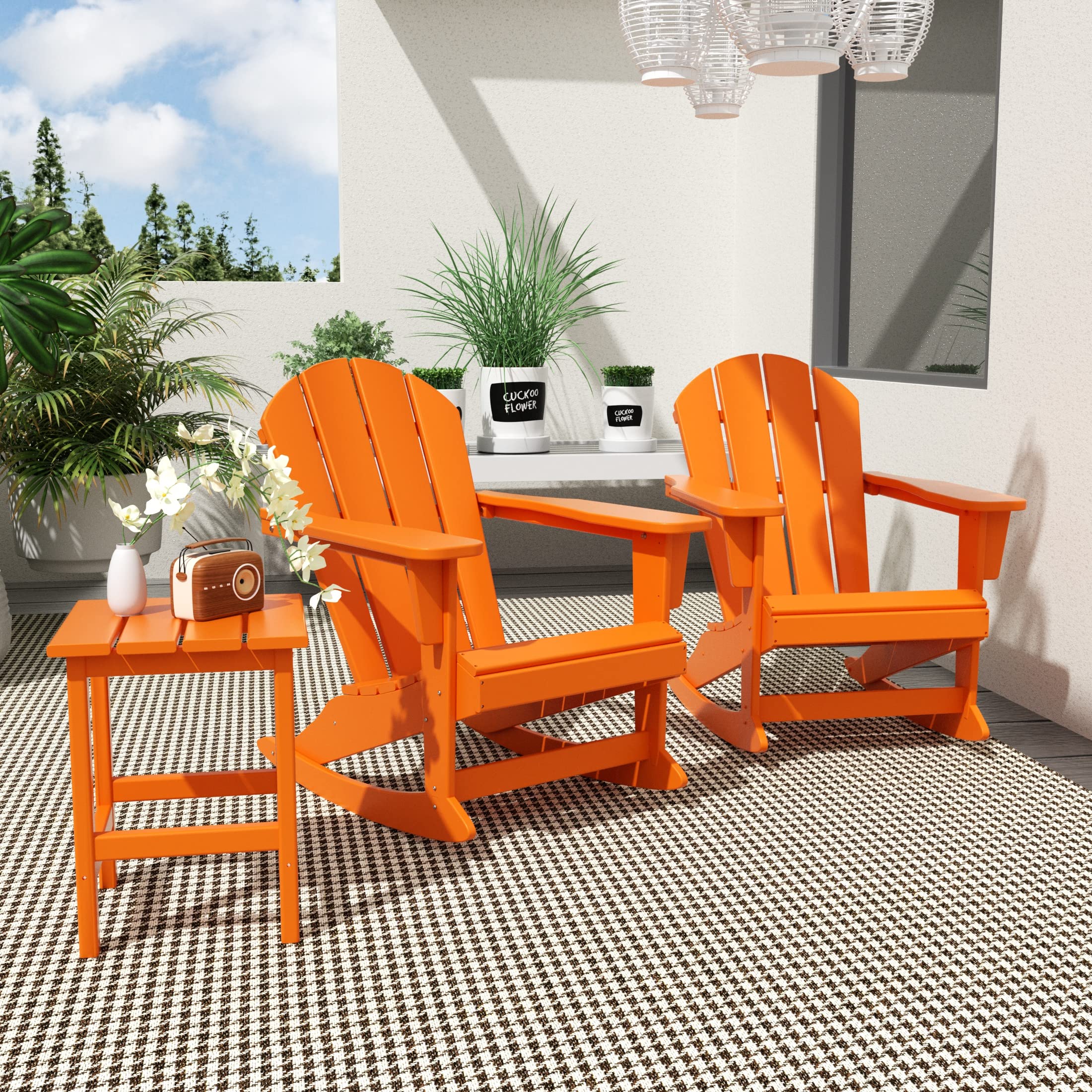 WO Home Furniture 3-Piece Patio Rocking Chair Set - Classic Outdoor Adirondack Rocker Chairs with Matching Table (Orange) - Perfect for Backyard, Garden, Porch & Poolside Relaxation