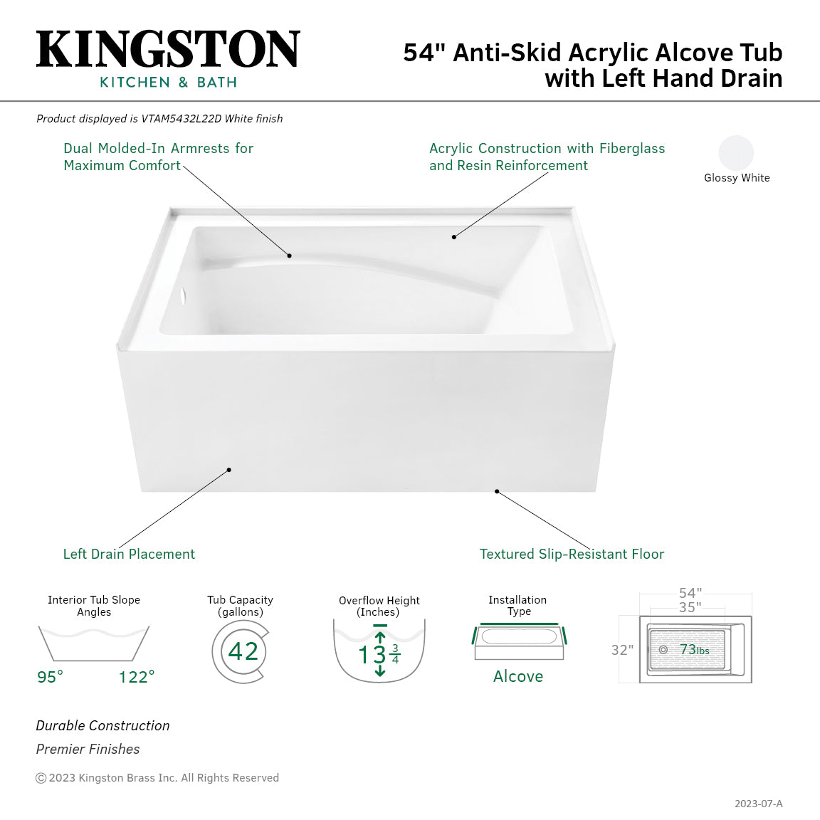 Aqua Eden 54 Inch Acrylic Rectangular Bathtub - 3 Wall Alcove Soaking Tub with Left Hand Drain, Anti-Skid Surface & Glossy White Finish | Perfect for Master Bathroom, Spa Retreat & Luxury Home Renovation