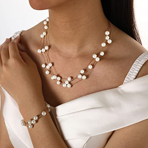 Evazen Pearl Bridal Jewelry Set - Necklace, Earrings & Bracelet for Women & Girls | Elegant Wedding, Bridal Shower & Special Occasion Accessories