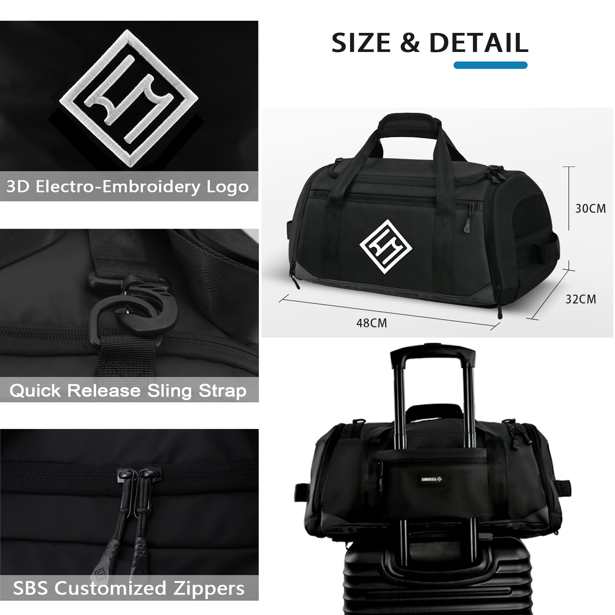 46L Water Resistant Gym Bag for Men & Women - Sports Duffle Backpack with Shoe Compartment & Wet Pocket - Ideal for Travel, Workout, Weekender & Overnight Trips - Black