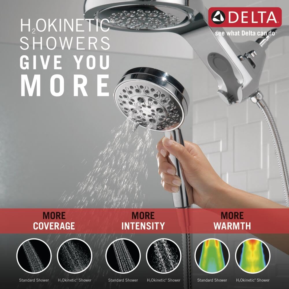 Delta Faucet HydroRain 5-Spray H2Okinetic Dual Shower Head with Handheld Spray - Chrome Shower Head with Hose, 1.75 GPM Flow Rate, Lumicoat Chrome Finish (Model 58680-PR) - Perfect for Bathroom Renovation, Spa-Like Shower Experience & Water Conservation