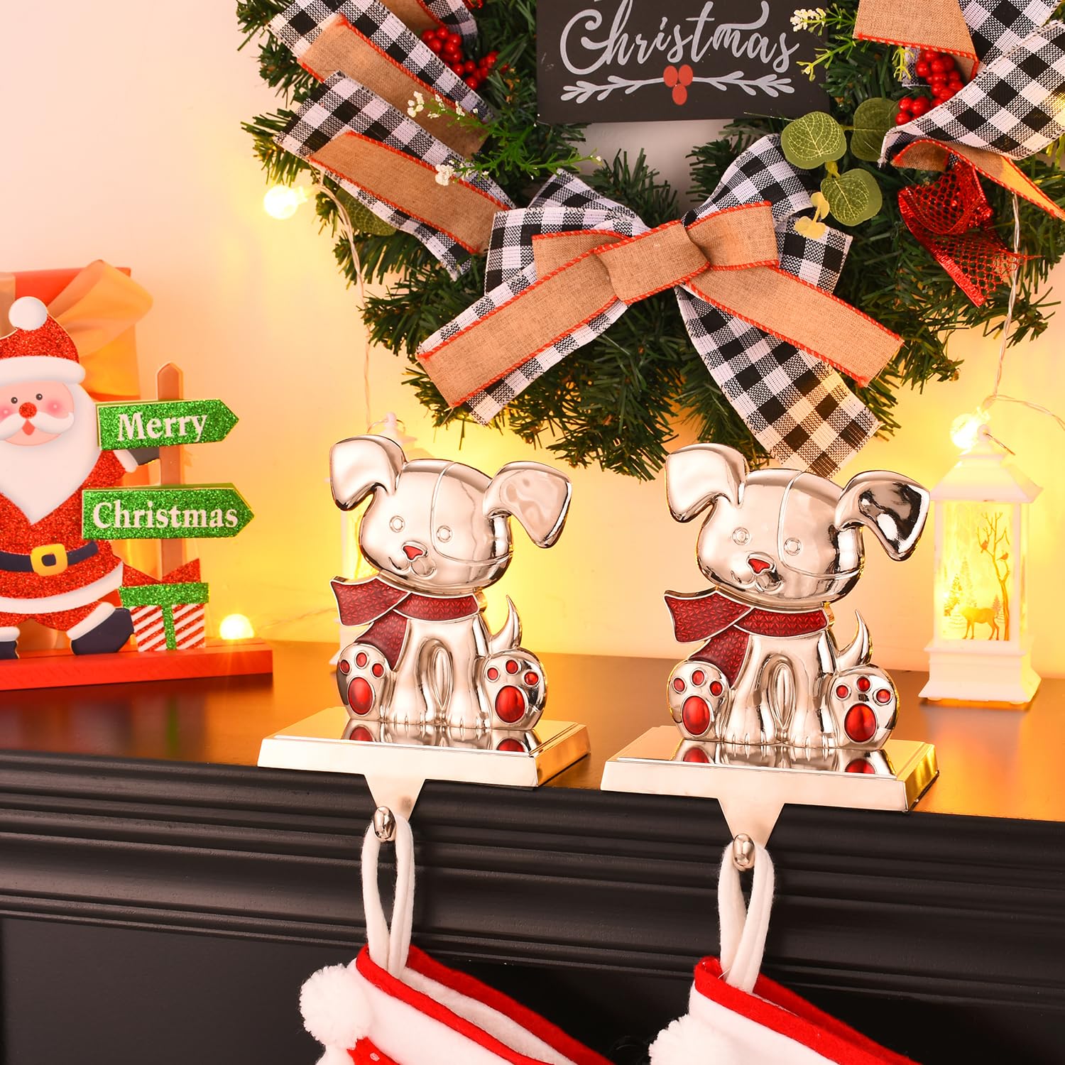 Silver Christmas Dog Stocking Holders for Fireplace Mantel - Decorative Dog Stocking Hangers with Clips for Holiday Decor, Garland & Stockings - Perfect Pet Lover Gift for Xmas Tree & Home Decor (New Dog Design)
