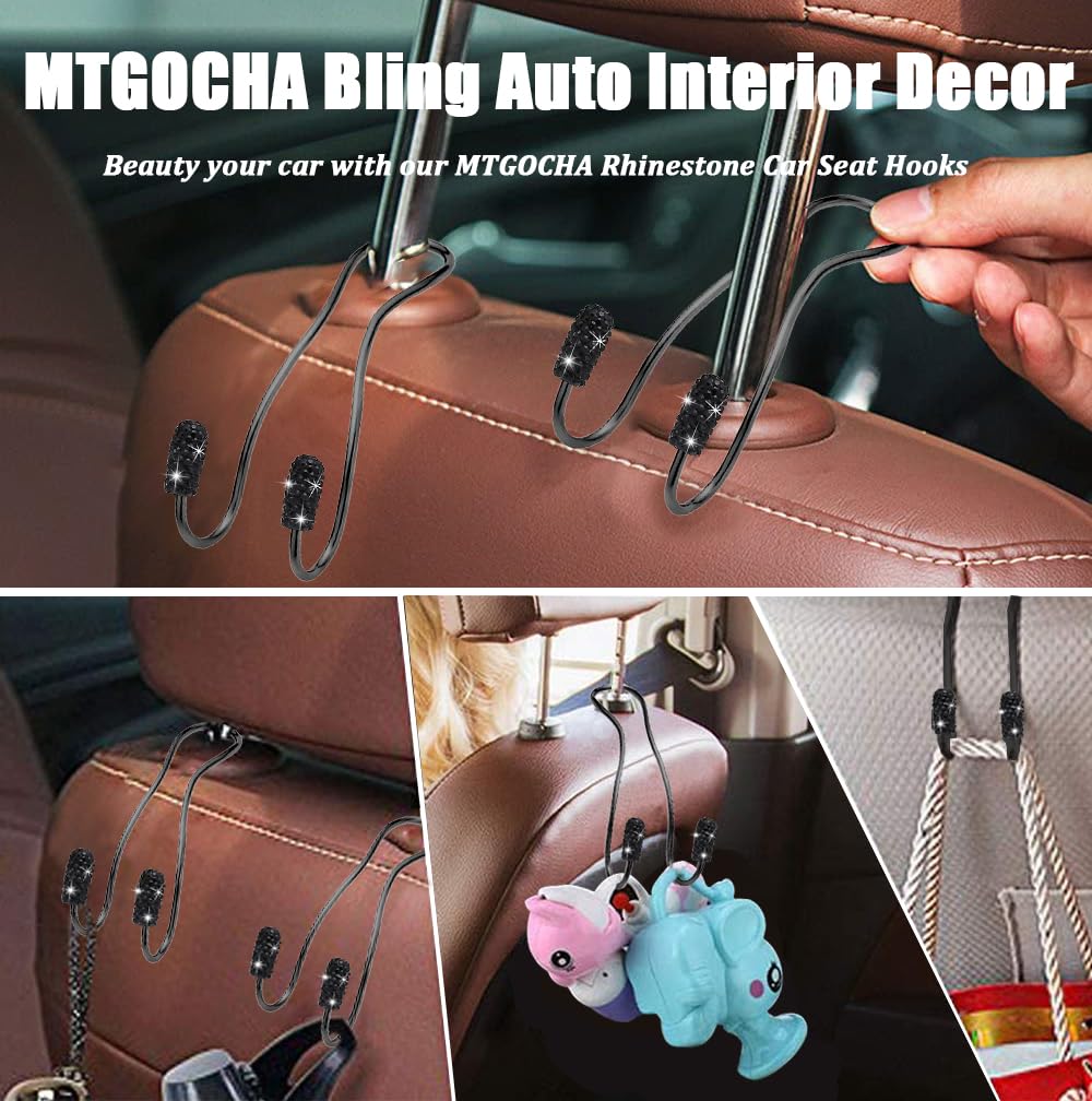 MTGOCHA Car Headrest Hooks 2 Pack - Universal Bling Car Seat Hanger for Purses, Bags & Accessories - Cute Metal Purse Holder Hook for Women - Durable Car Organizer (Black) - Perfect for Shopping, Travel & Daily Commute
