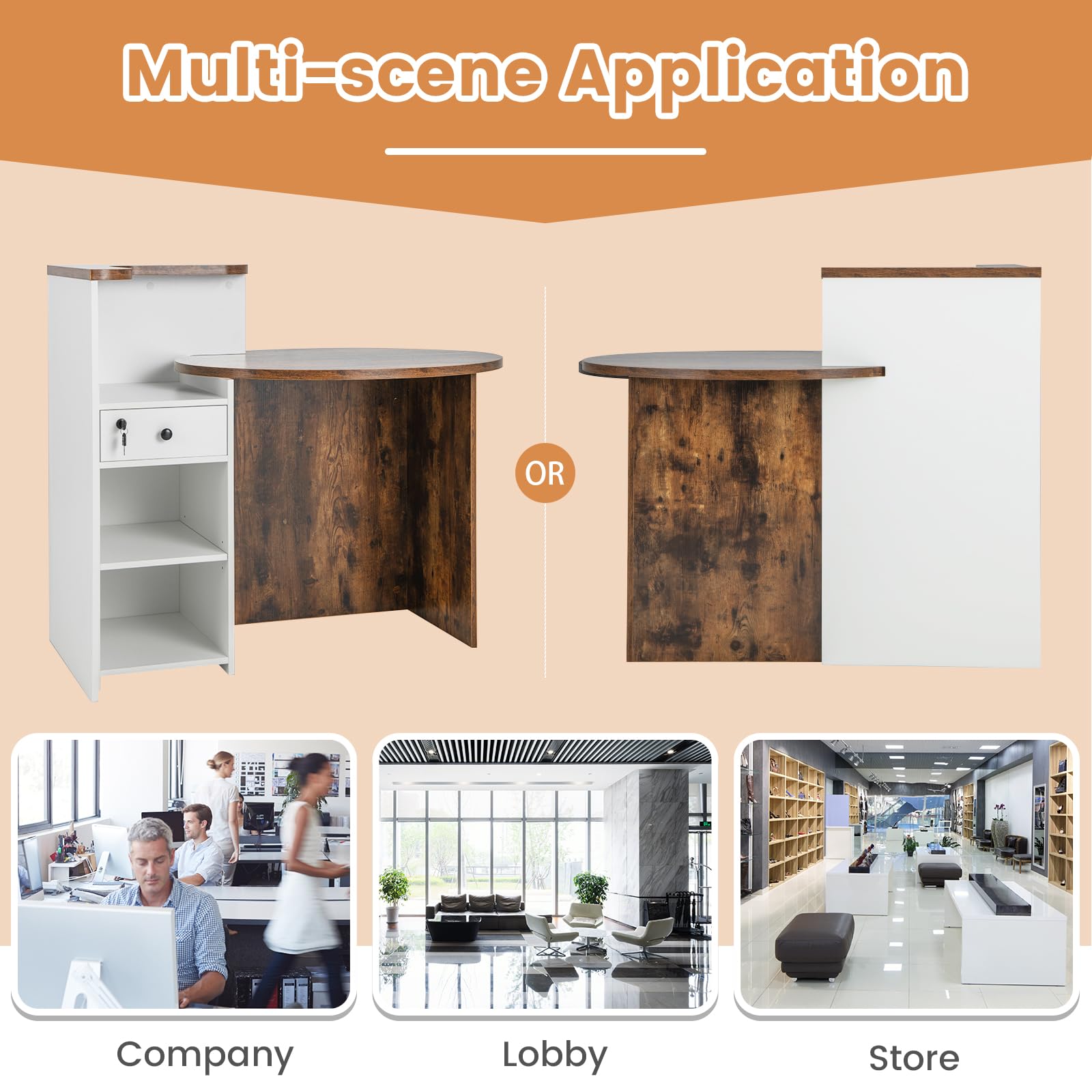 Tangkula Oval Reception Desk with Lockable Drawer & Adjustable Shelf - Front Counter Workstation for Retail Stores, Salon Lobby, Office & Home Office - Durable Checkout Counter with Spacious Desktop for Computers & Paperwork