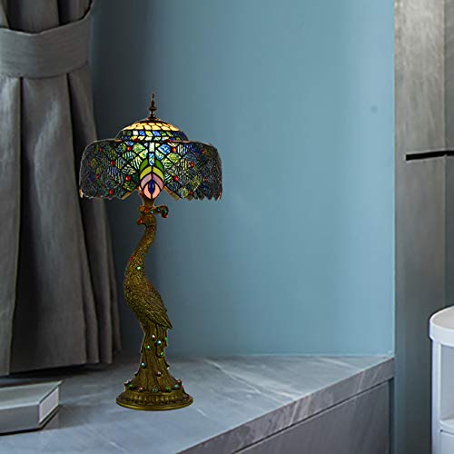 LITFAD Tiffany Style Peacock Desk Lamp - Handcrafted Stained Glass Shade with Brass Base, Adjustable Task Light for Home Office, Bedroom Nightstand, Reading Nook - Perfect Study & Decorative Lighting
