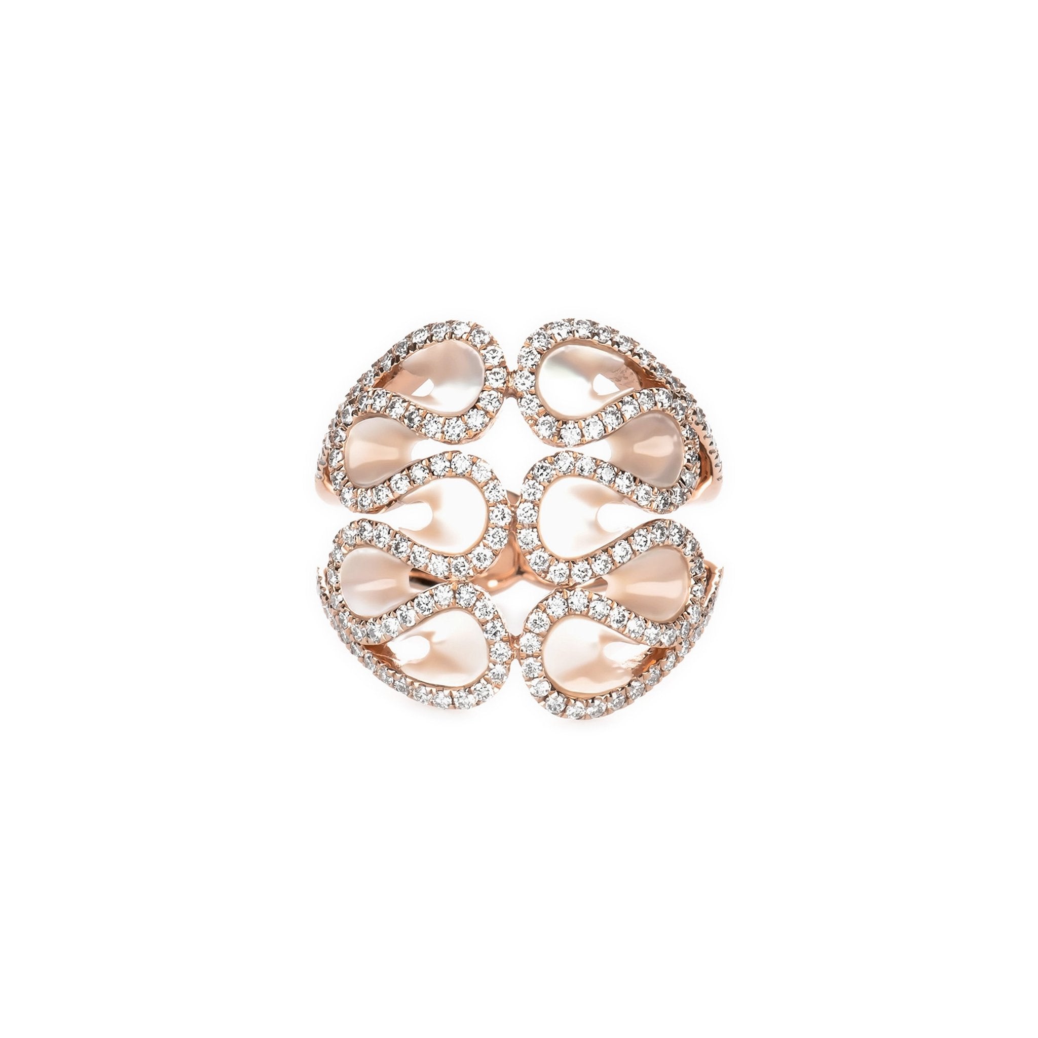 14K Rose Gold Abstract Swirl Mother of Pearl and Diamond Cocktail Ring - Elegant Statement Jewelry for Evening Parties & Special Occasions