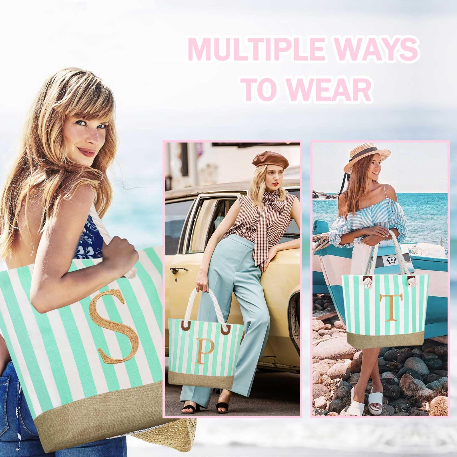 Personalized Initial Beach Tote Bag for Women - Large Zippered Makeup & Travel Tote - Perfect Gift for Bride, Mom, Wife, Teacher, Sister - Great for Beach Trips, Weddings & Daily Use