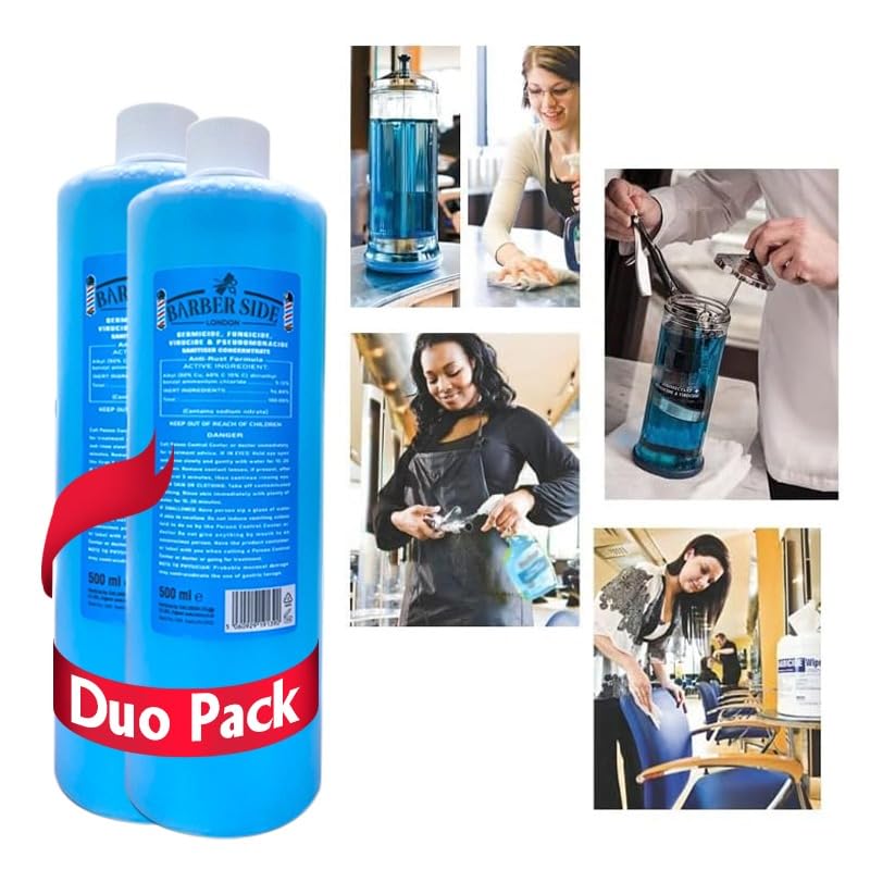 Barber Side London Disinfectant Solution - Salon Barbicide Jars, Medical & Athletic Use - Germicide Solution (Blue) 2 x 500ml (1 Liter) - Ideal for Barber Shops, Nail Salons & Sports Equipment Sanitization